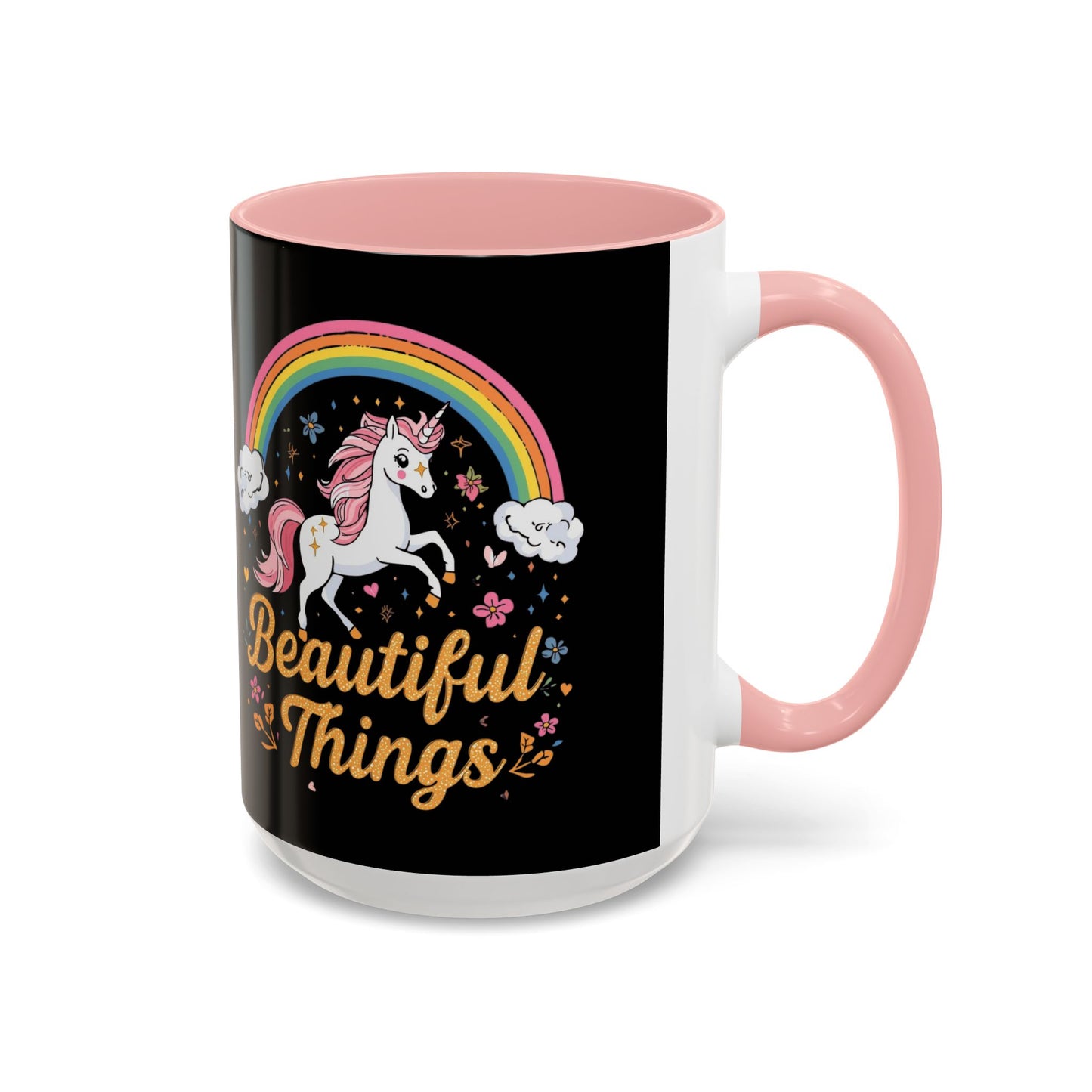 Mug with unicorn and rainbow design on a black background
