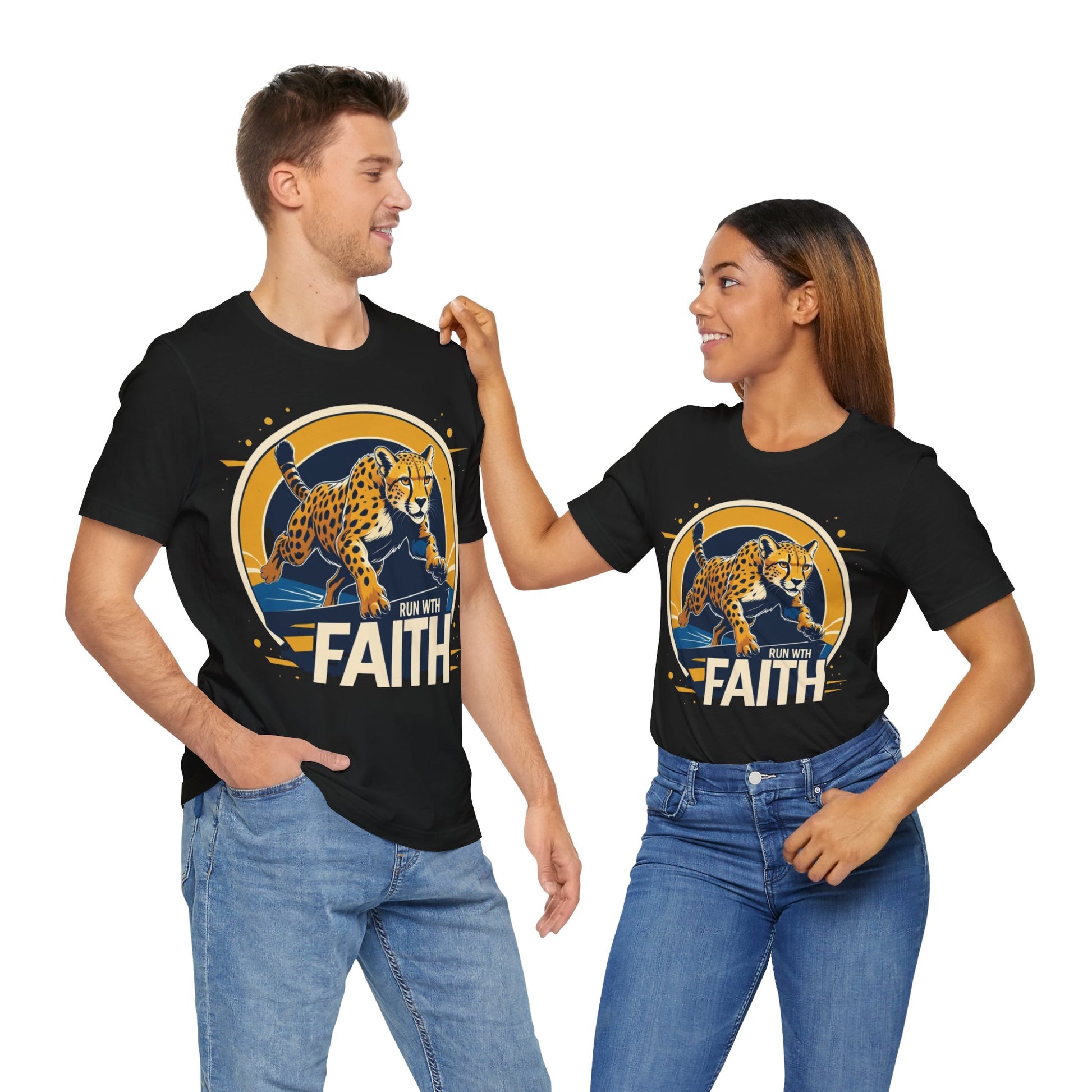 Two people wearing black t-shirts with a graphic design and the word 'FAITH'.
