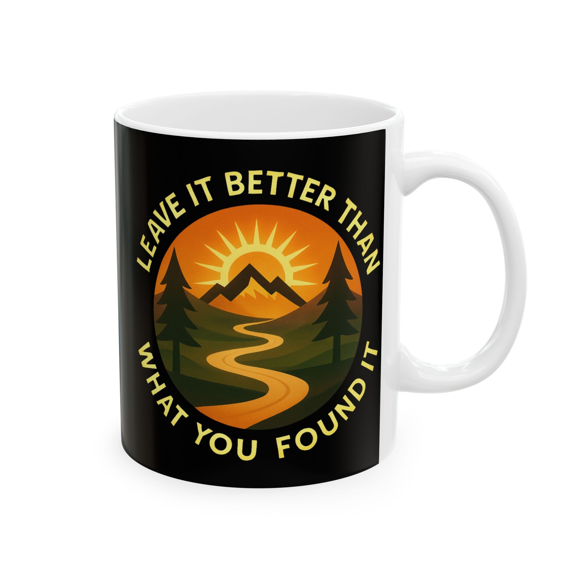 Mug with nature-themed design and motivational quote on a white background
