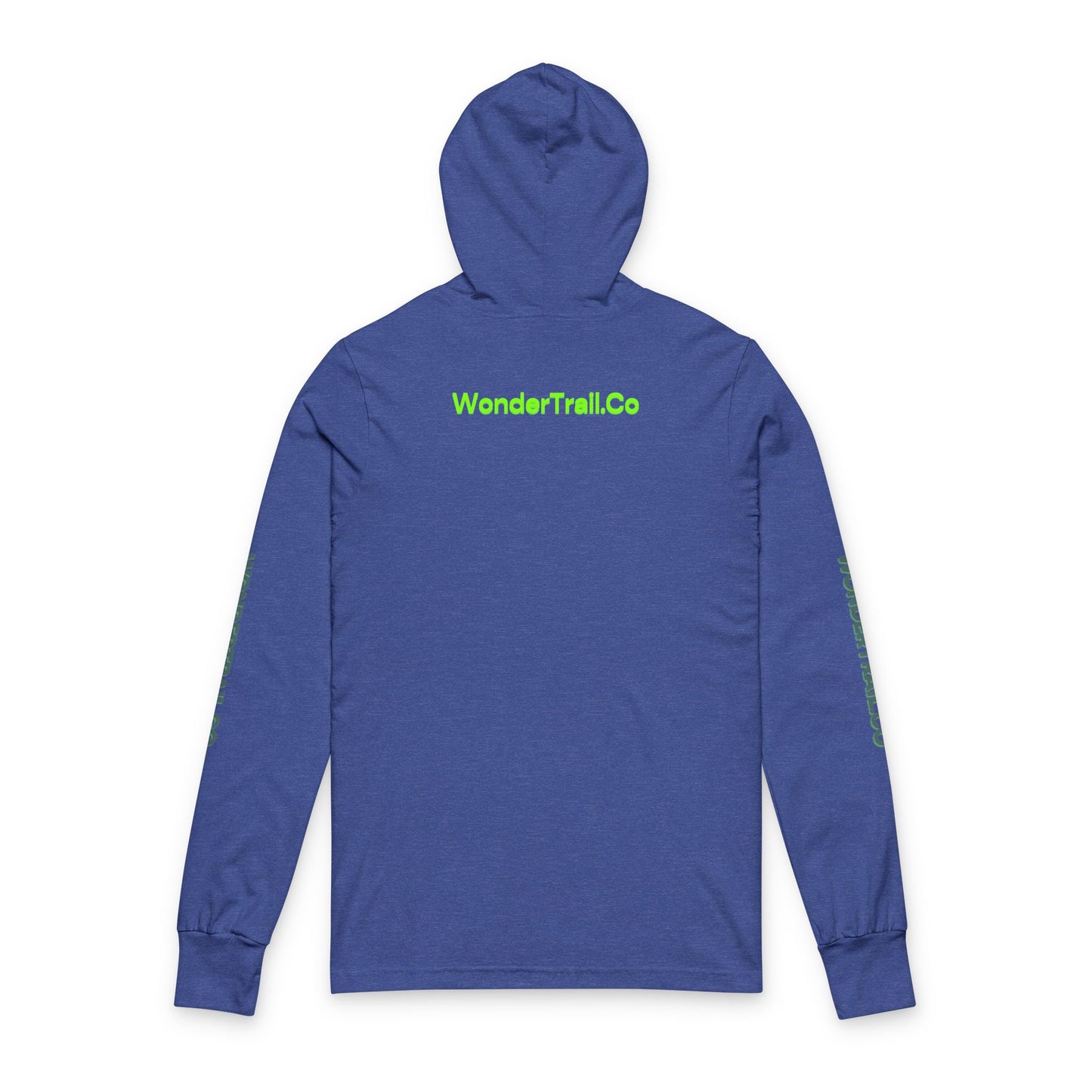 Blue hoodie with 'WonderTrail.Co' text on a white background
