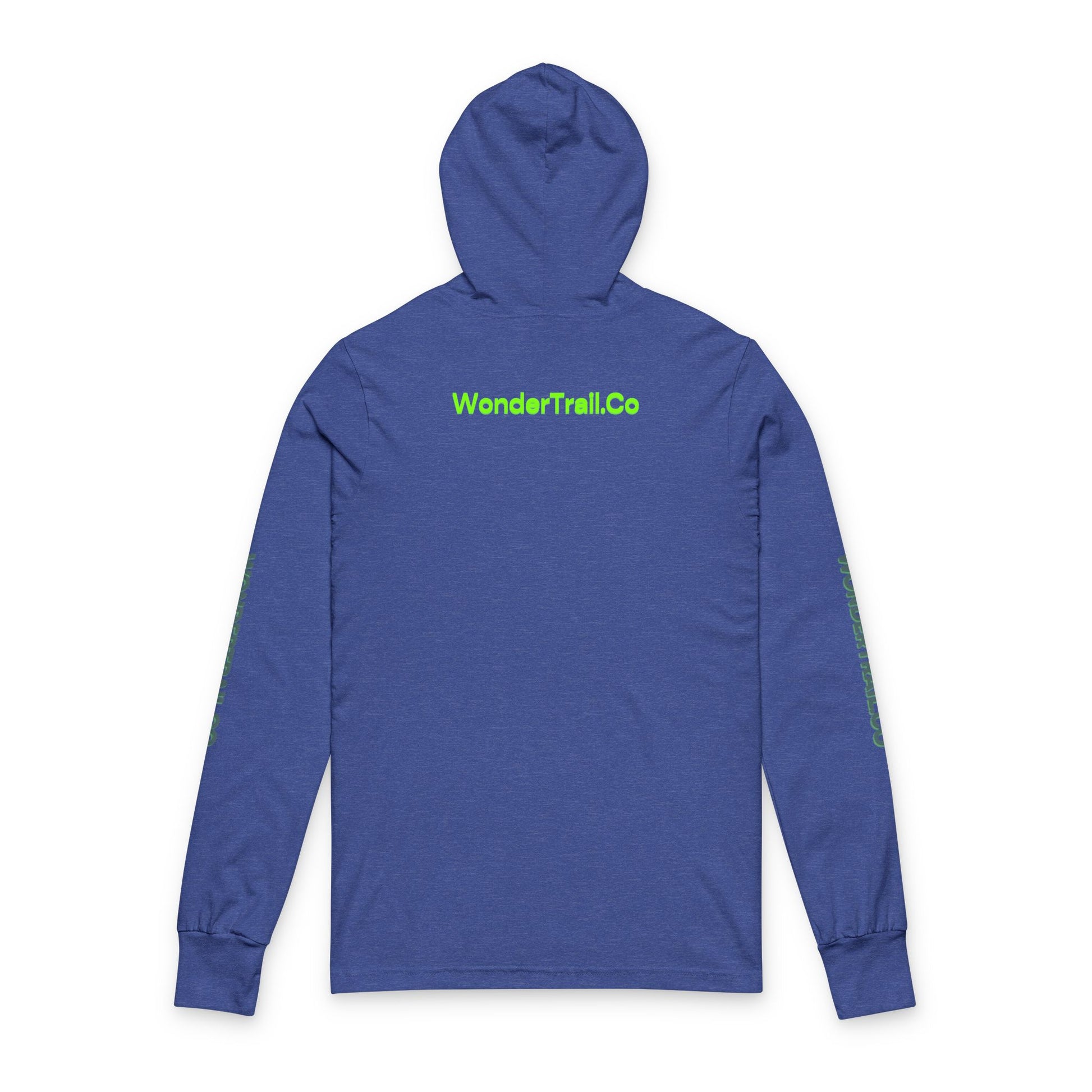 Blue hoodie with 'WonderTrail.Co' text on a white background