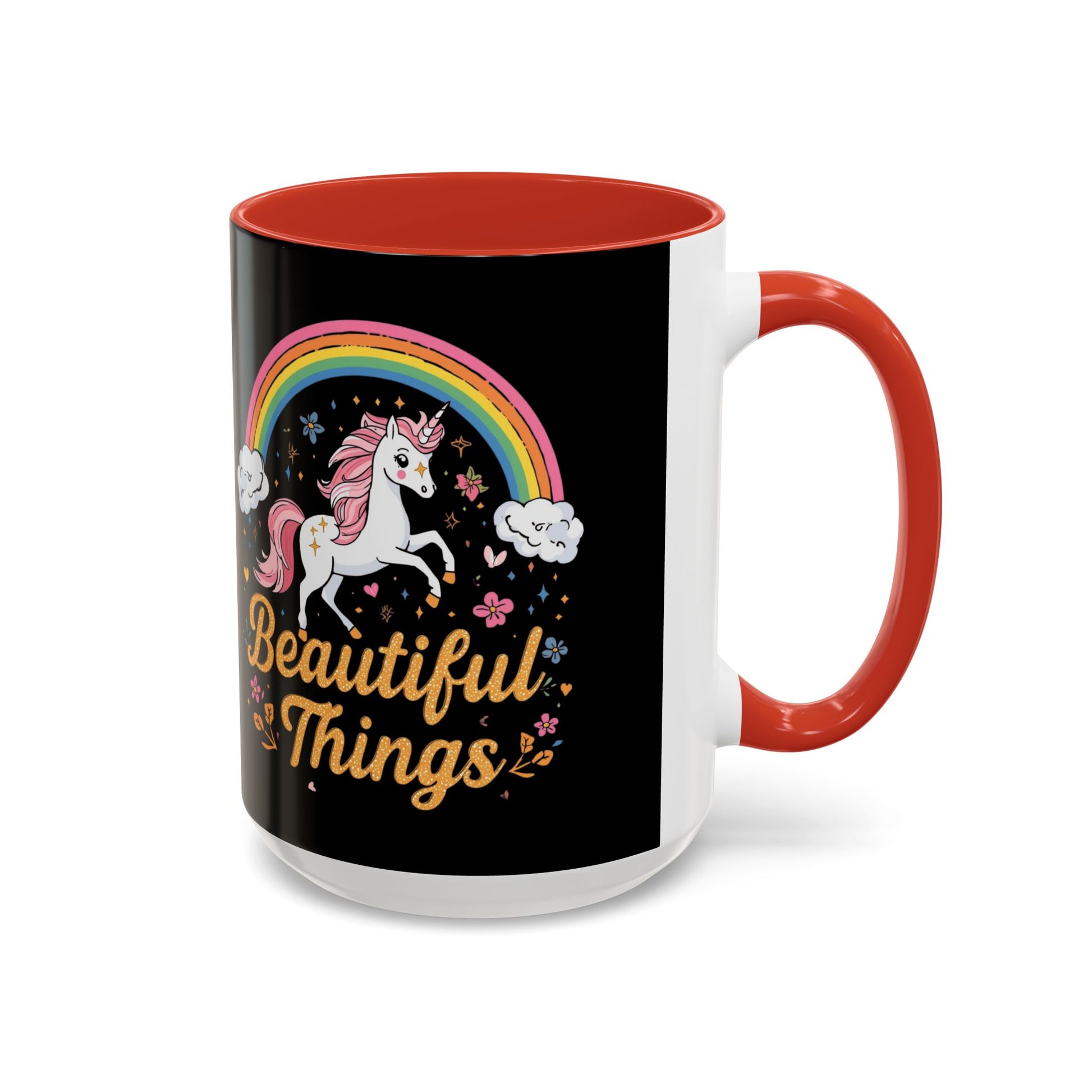 Mug with unicorn and rainbow design on a black background