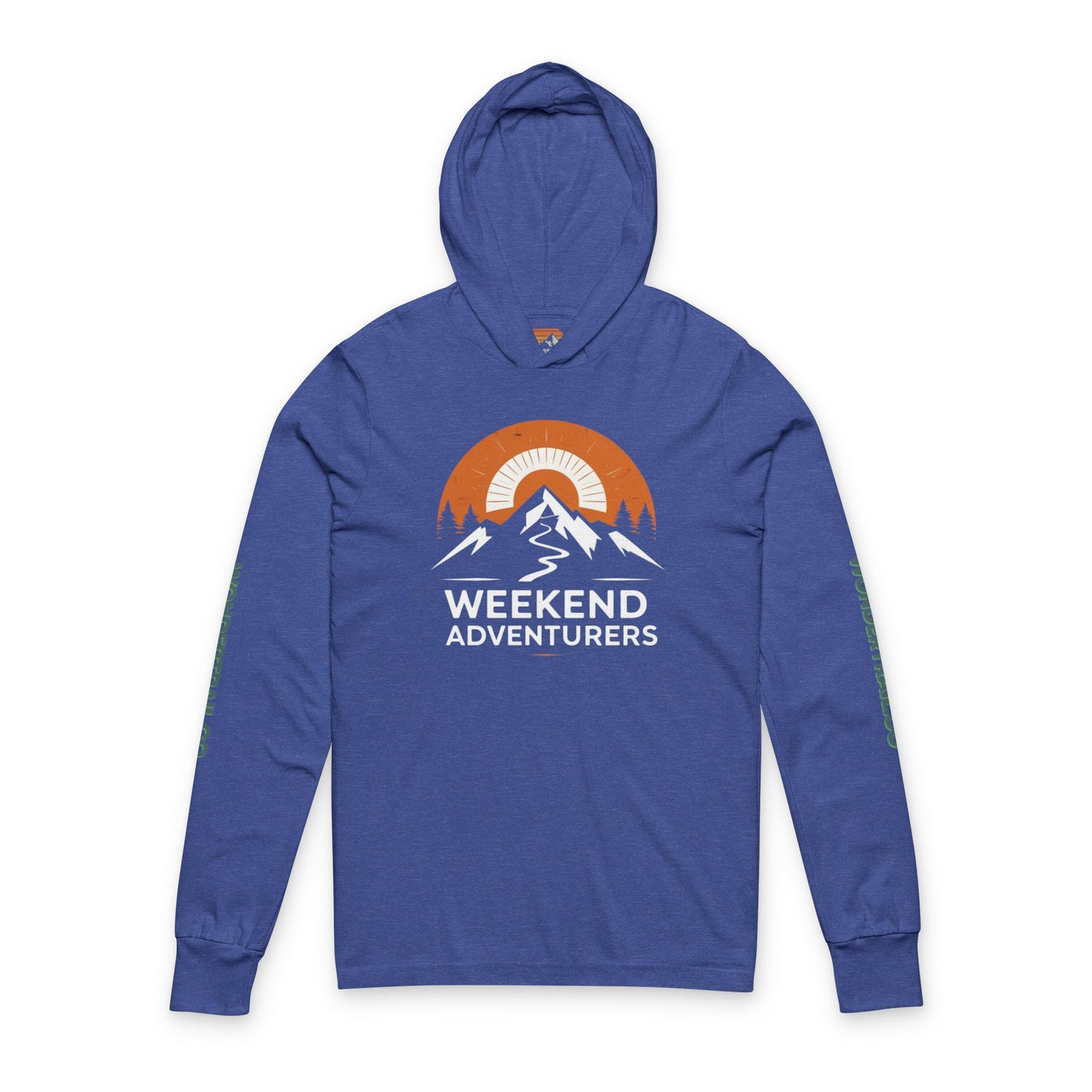 Blue hoodie with 'Weekend Adventurers' graphic on a white background