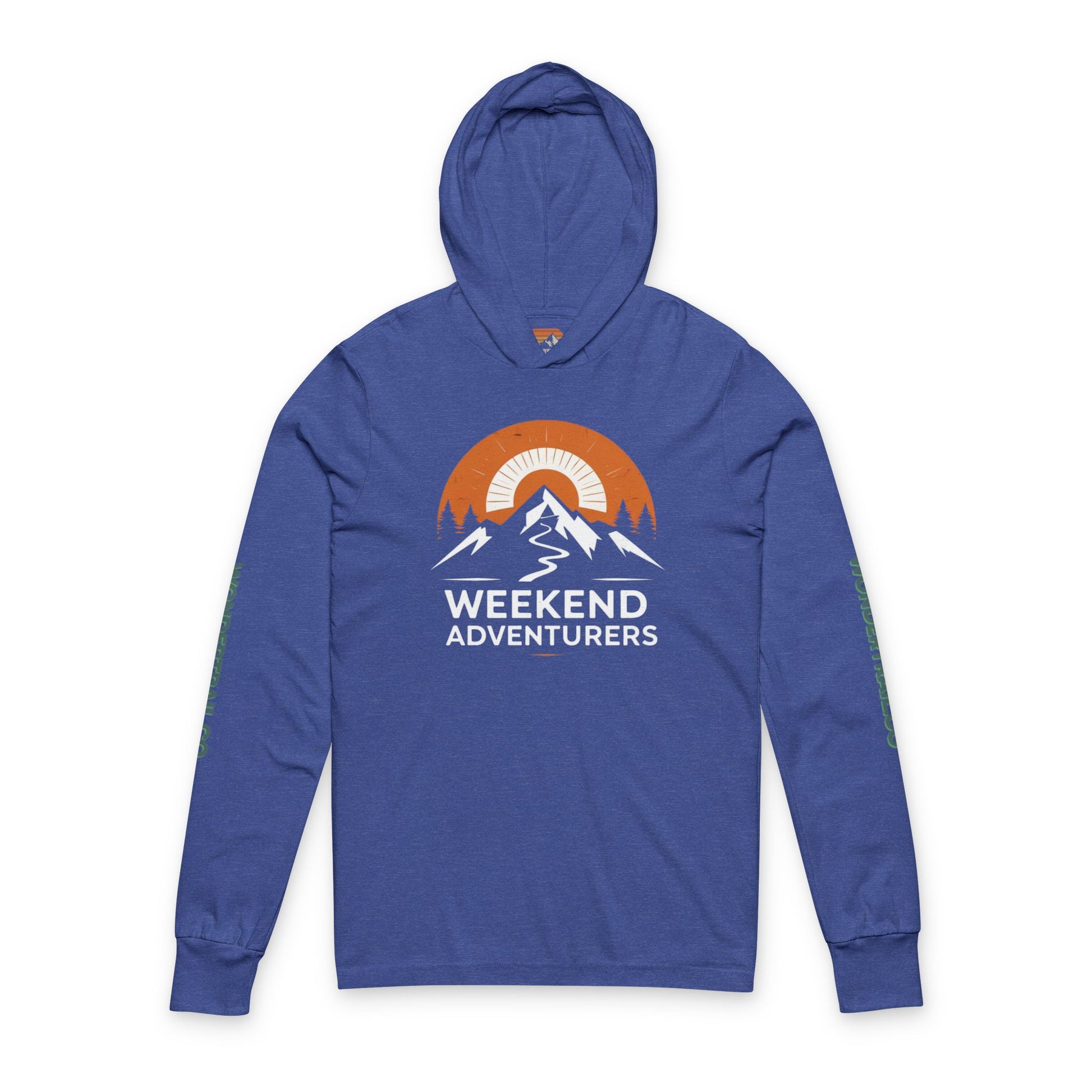 Blue hoodie with 'Weekend Adventurers' graphic on a white background