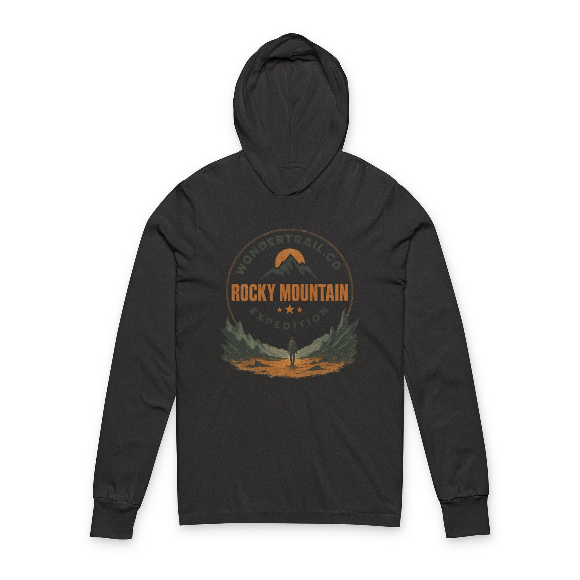 Black hoodie with 'Rocky Mountain Expedition' graphic on a white background