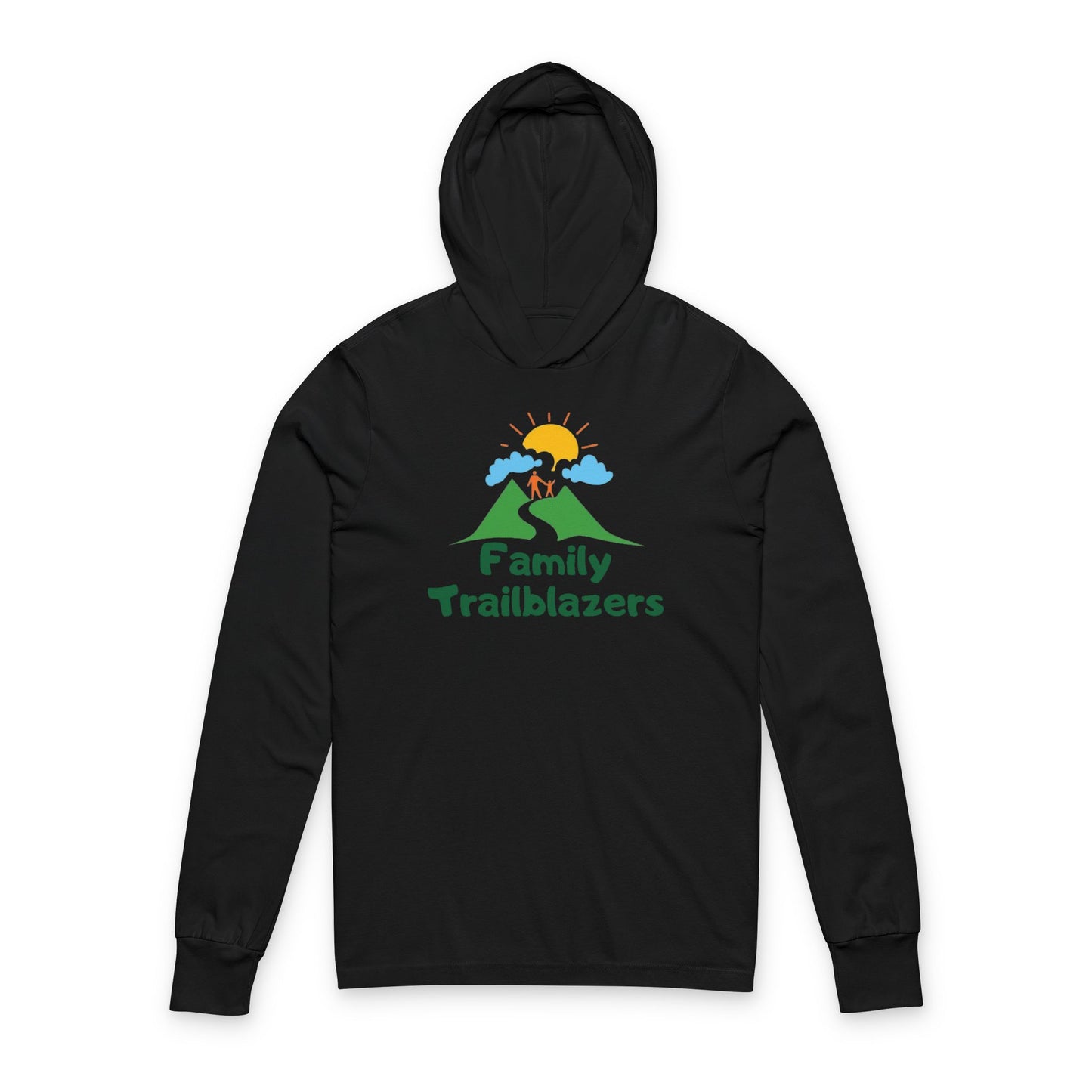 Black hoodie with a graphic design and text on a white background