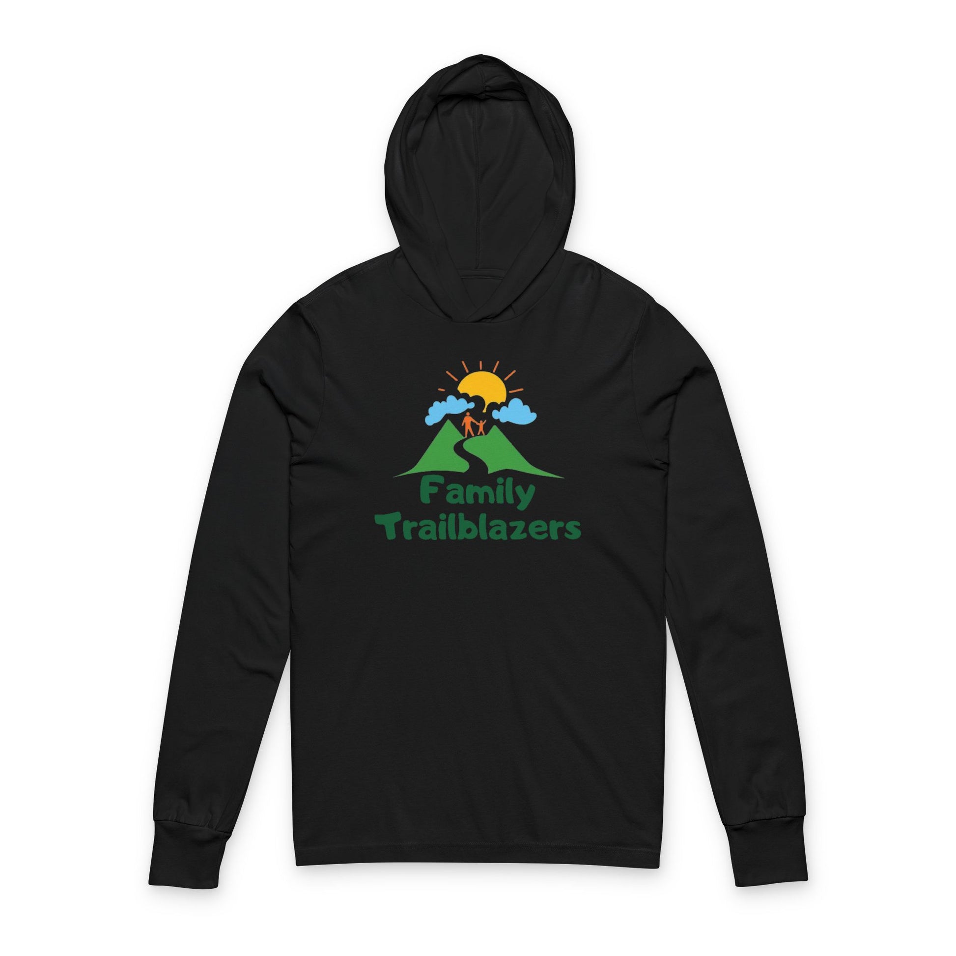 Black hoodie with a graphic design and text on a white background