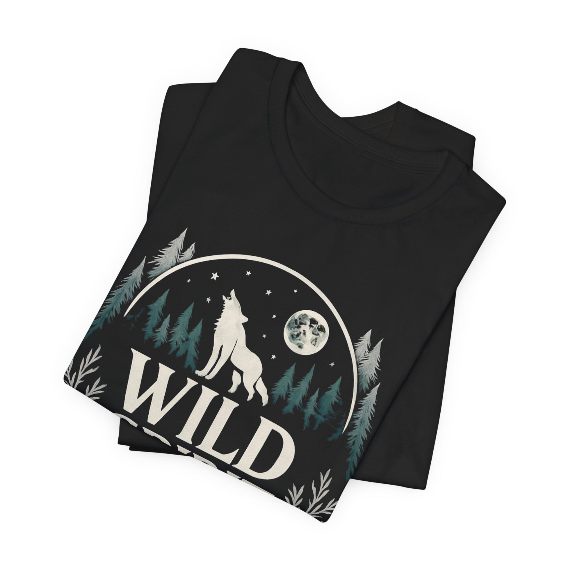 Black t-shirt with a wolf and 'Wild' design on a white background