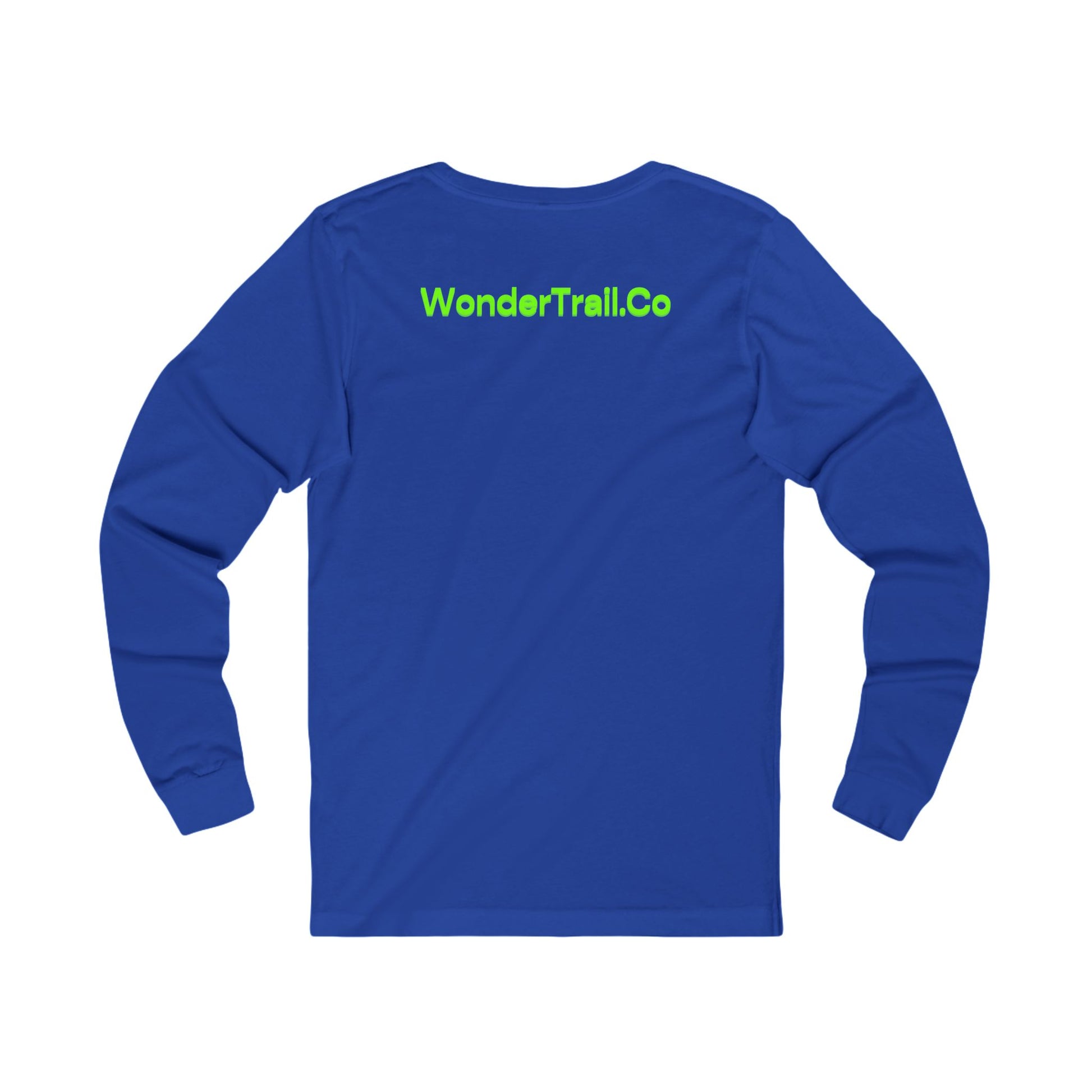 Blue long-sleeve shirt with 'WonderTrail.Co' text on the back against a white background