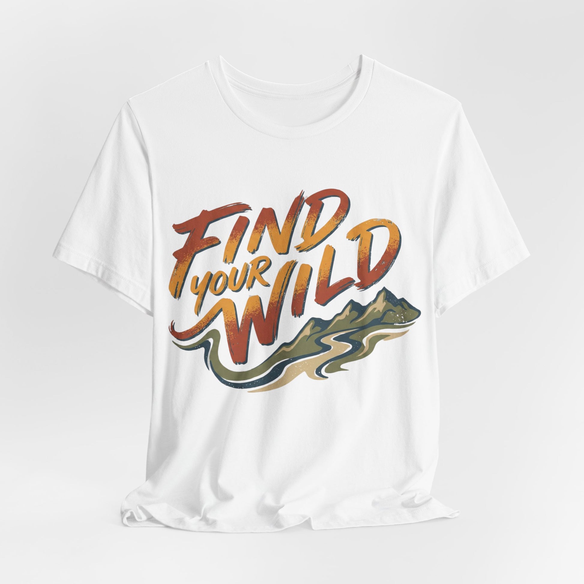White t-shirt with 'Find Your Wild' graphic design on a light gray background