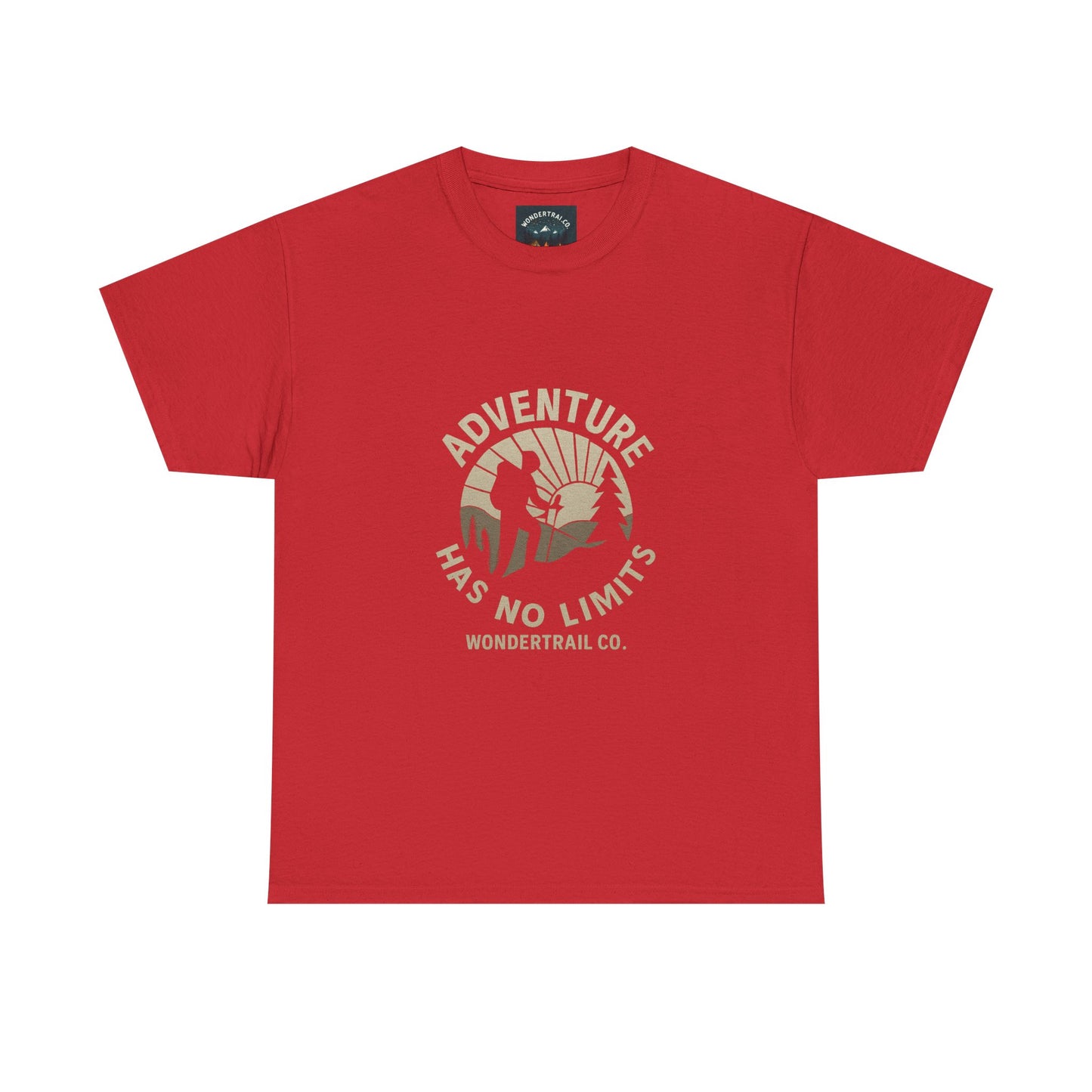 Red t-shirt with 'Adventure Has No Limits' graphic on a white background