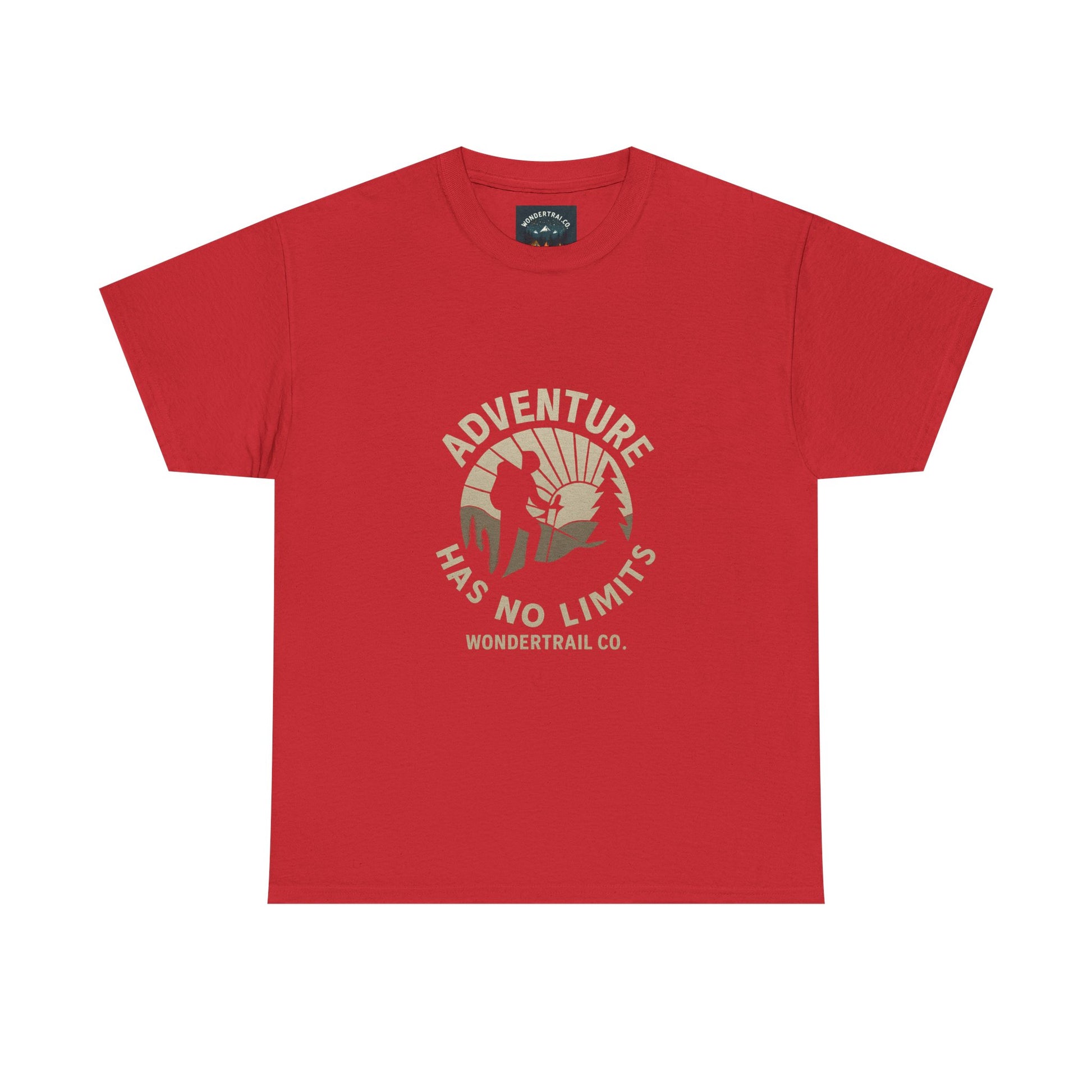 Red t-shirt with 'Adventure Has No Limits' graphic on a white background