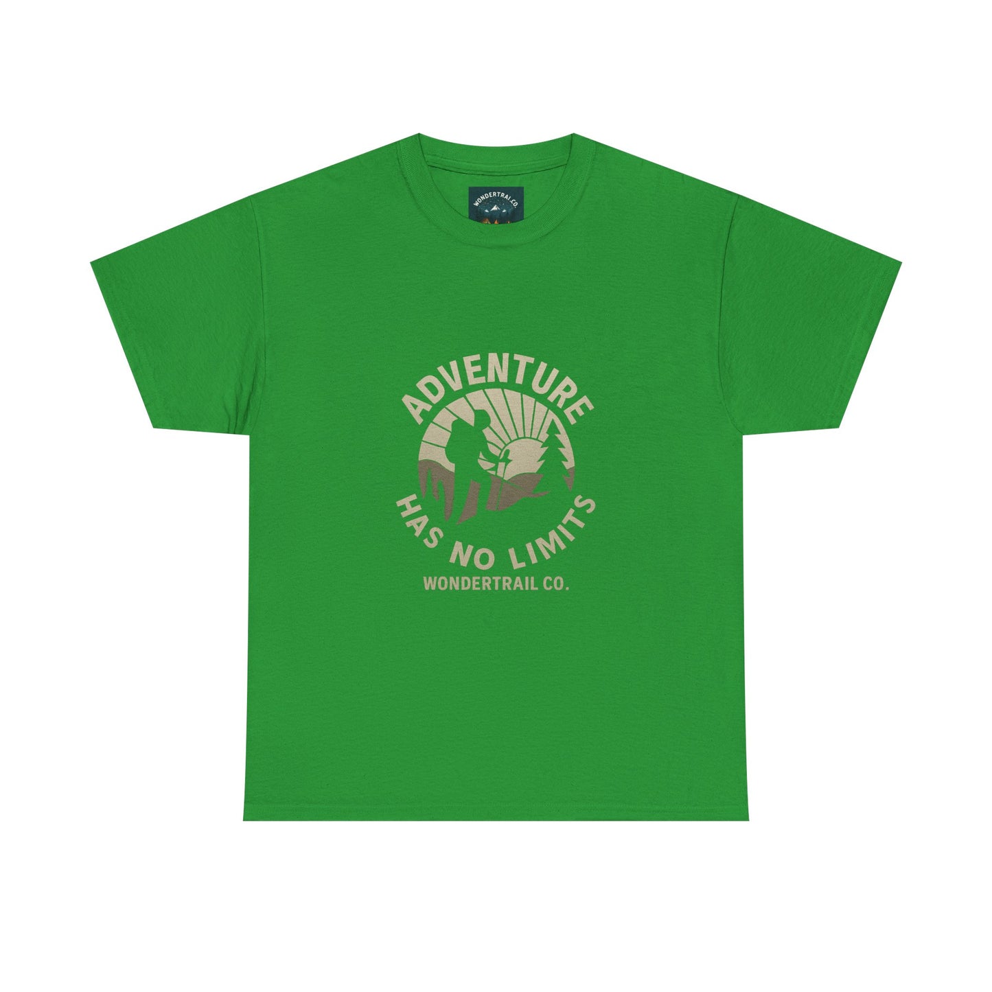 Green t-shirt with 'Adventure Has No Limits' graphic and Wondertrail Co. branding on a white background.