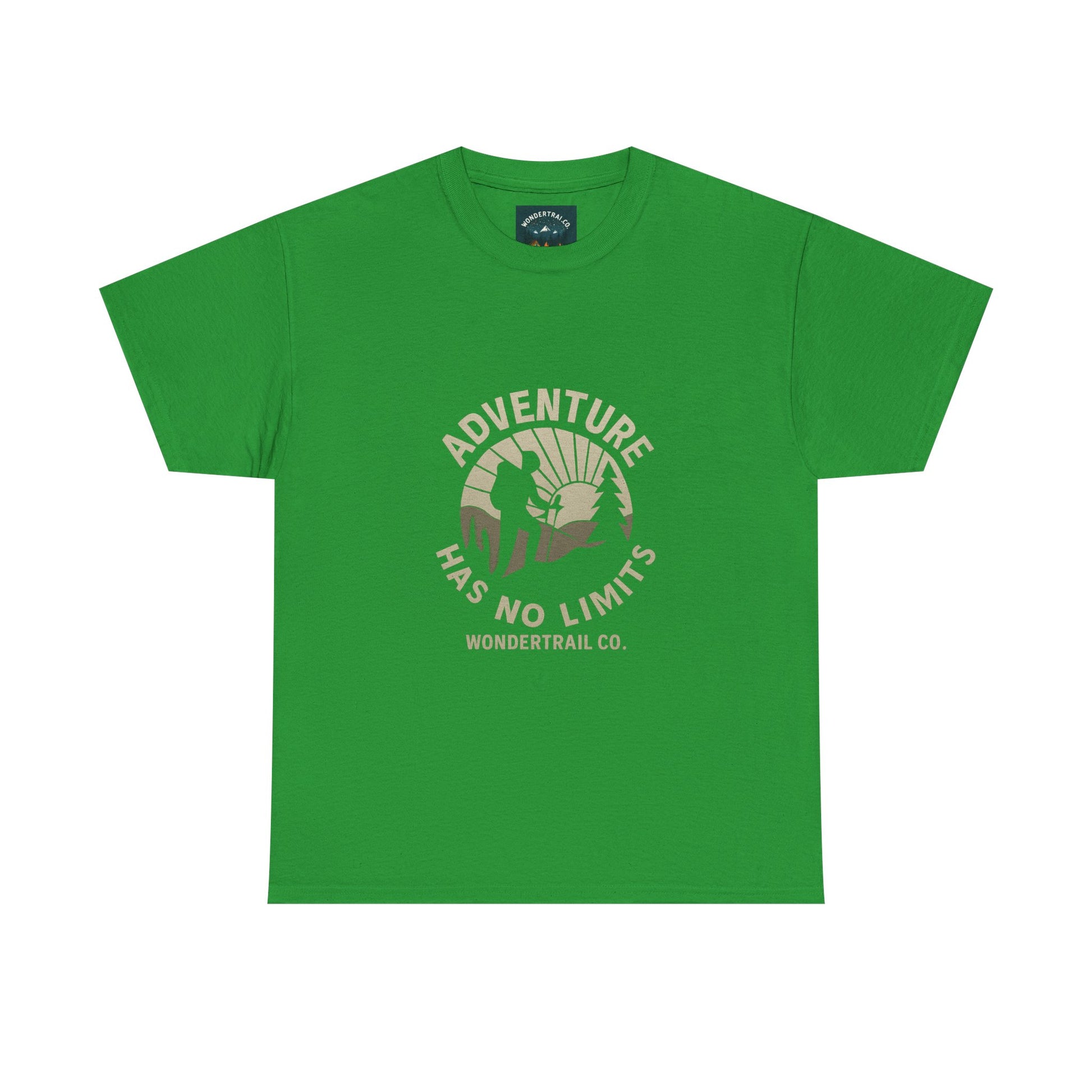 Green t-shirt with 'Adventure Has No Limits' graphic and Wondertrail Co. branding on a white background.