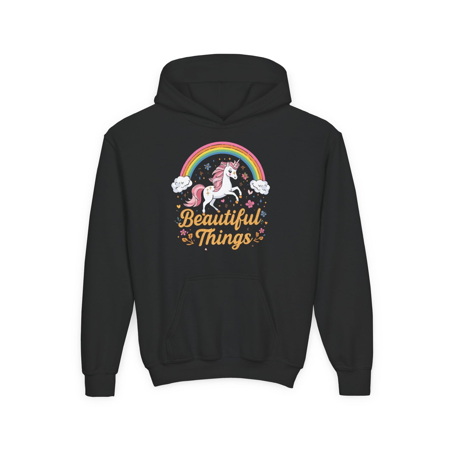 Black hoodie with a unicorn and rainbow design on a white background