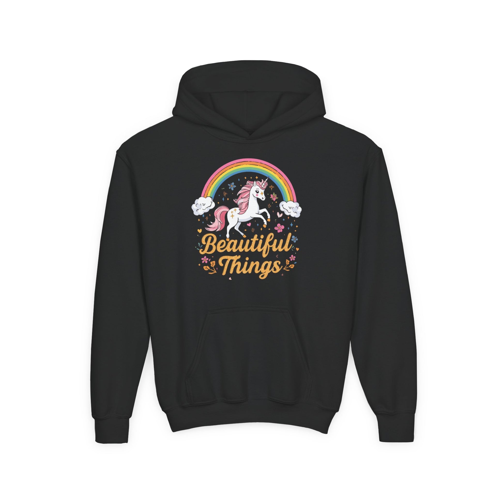 Black hoodie with a unicorn and rainbow design on a white background