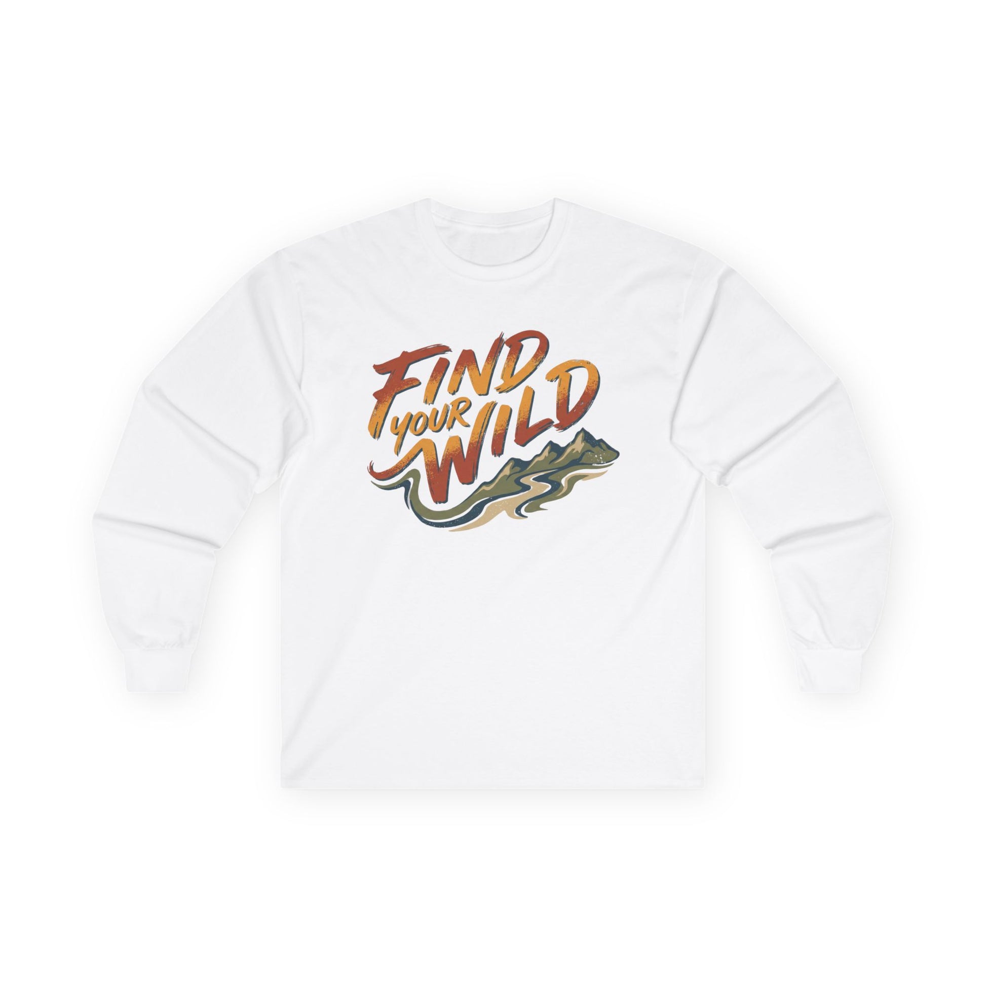 White sweatshirt with 'Find Your Wild' text and graphic on a white background