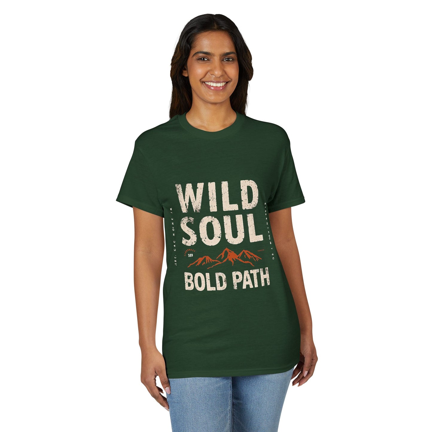 Woman wearing a green t-shirt with 'Wild Soul Bold Path' text and mountain graphic on a white background