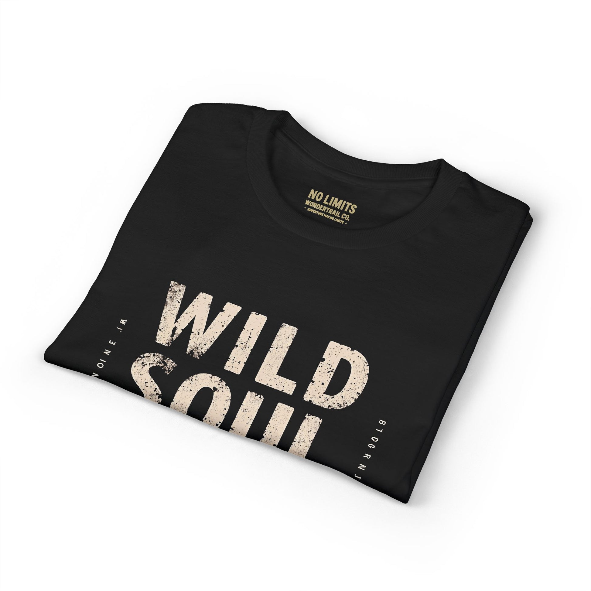 Black t-shirt with 'Wild Soul' text on a white background