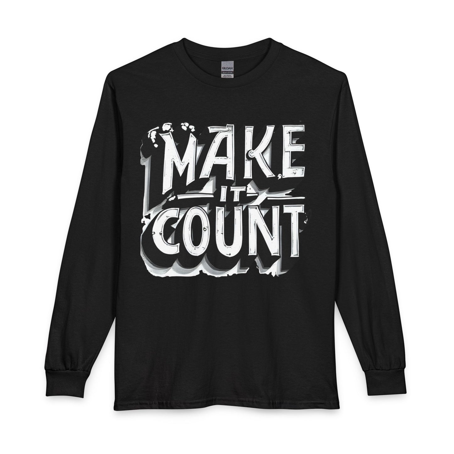 Black long-sleeve shirt with 'MAKE IT COUNT' text on a white background