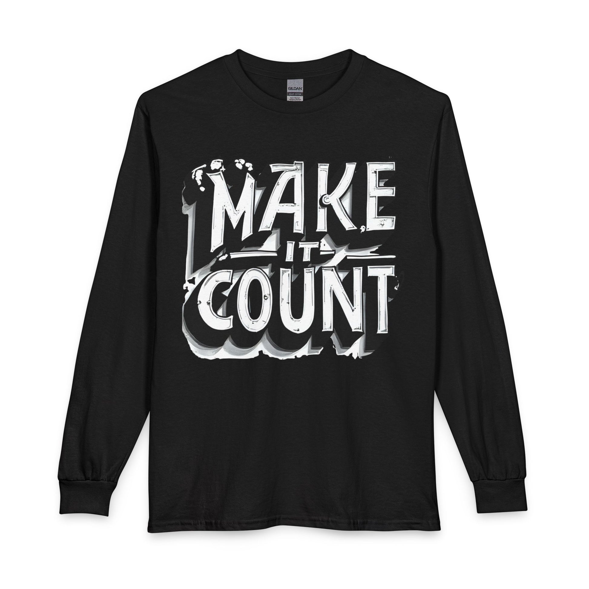 Black long-sleeve shirt with 'MAKE IT COUNT' text on a white background