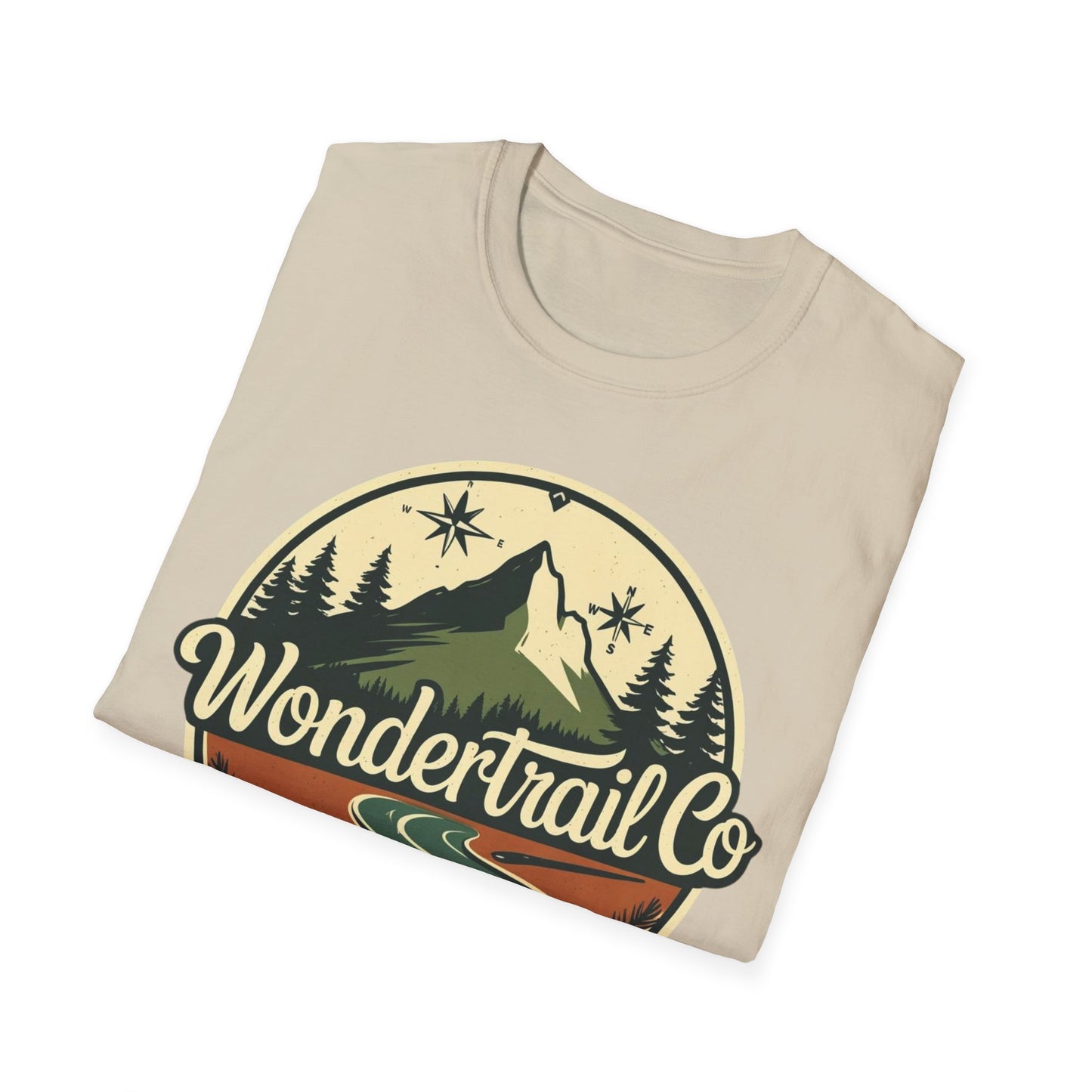 Beige t-shirt with a mountain and tree design and 'Wondertrail Co' text on a white background