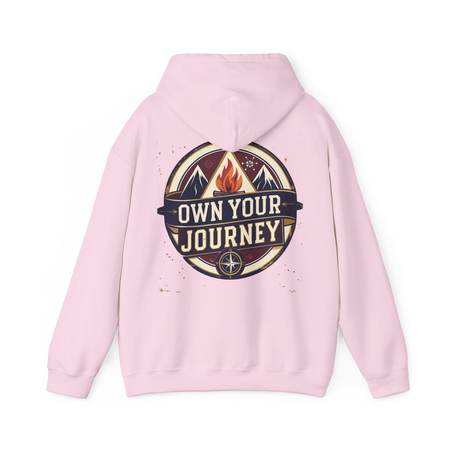 Pink hoodie with 'Own Your Journey' graphic on the back against a white background