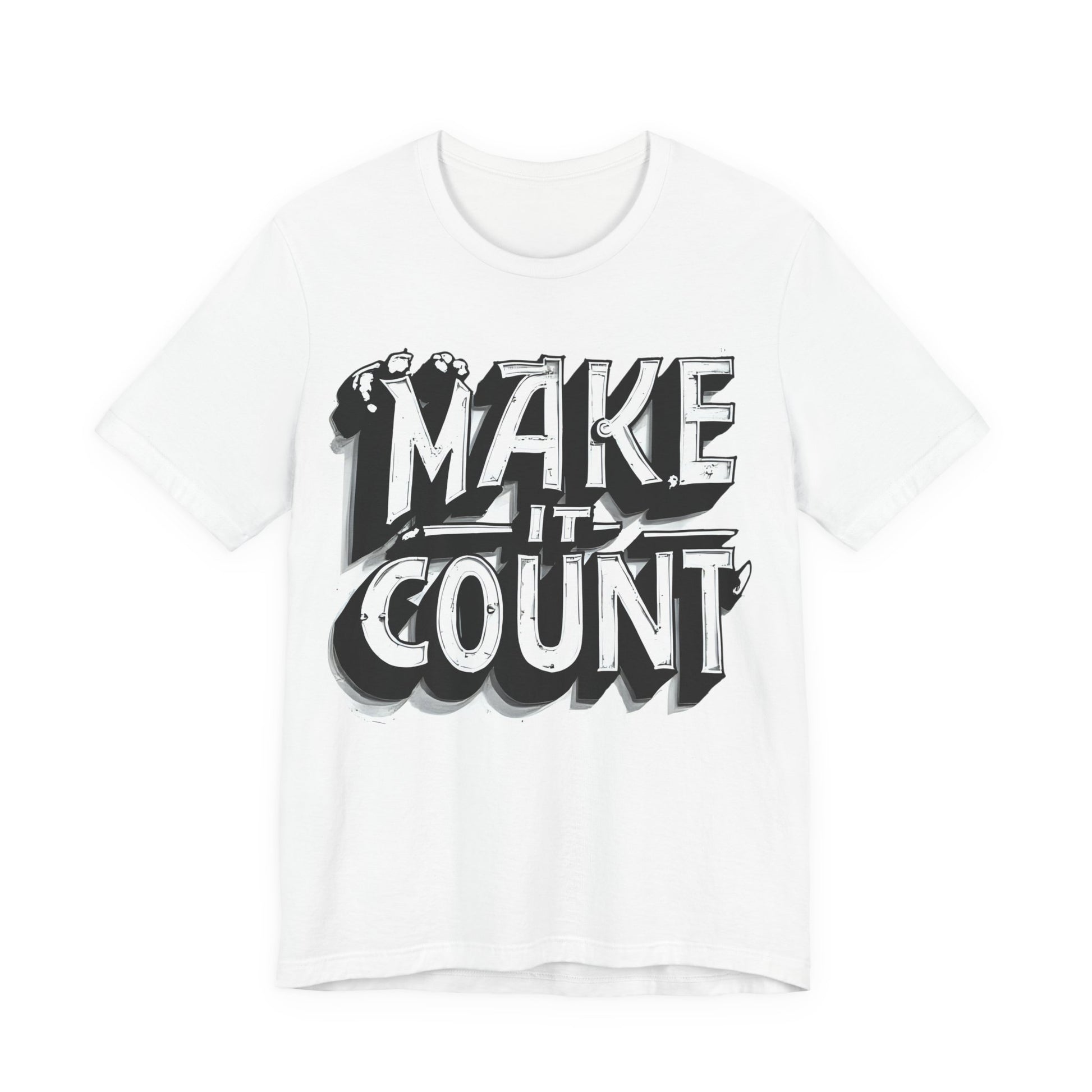 White t-shirt with 'MAKE IT COUNT' text design on a white background