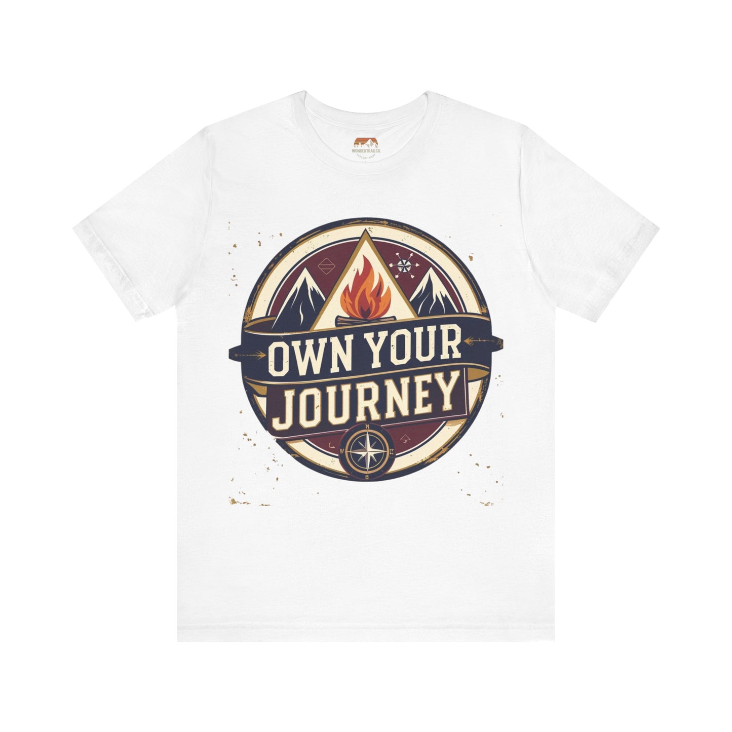 White t-shirt with 'Own Your Journey' graphic design on a white background