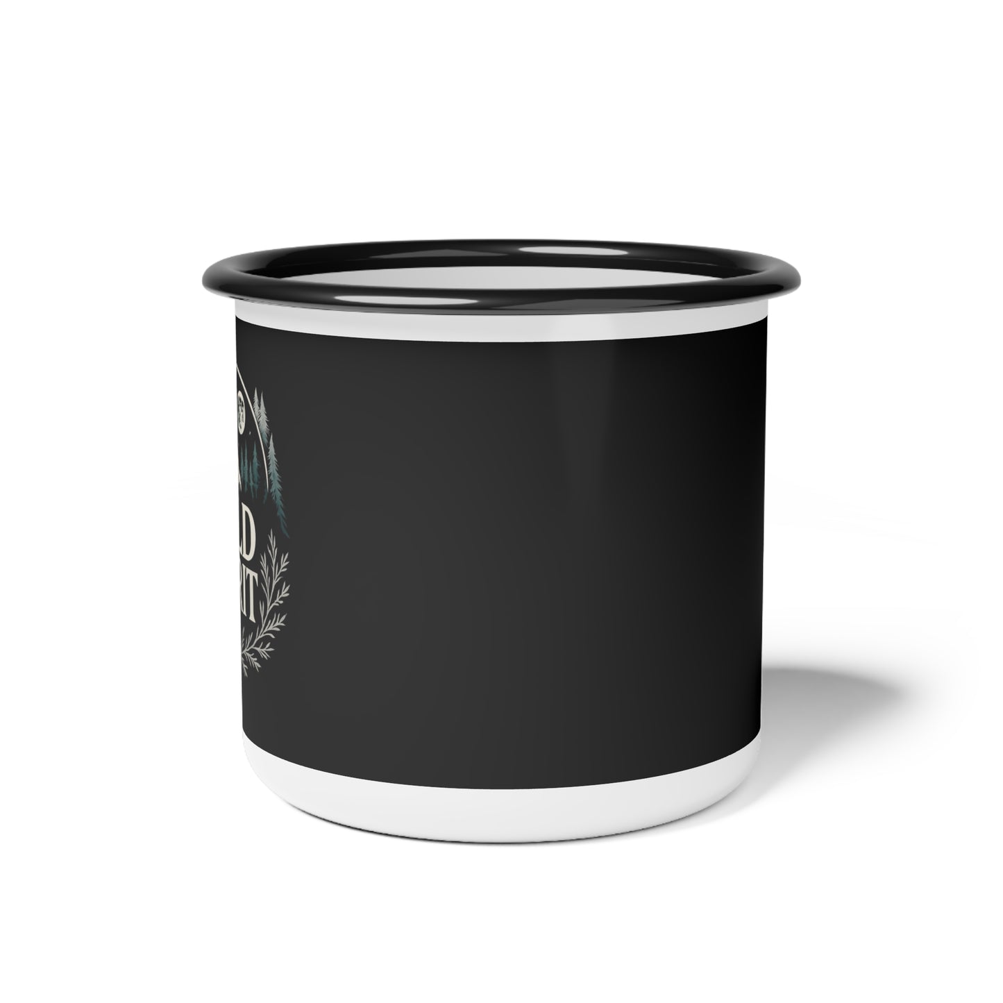 Black enamel mug with white rim on a white background
