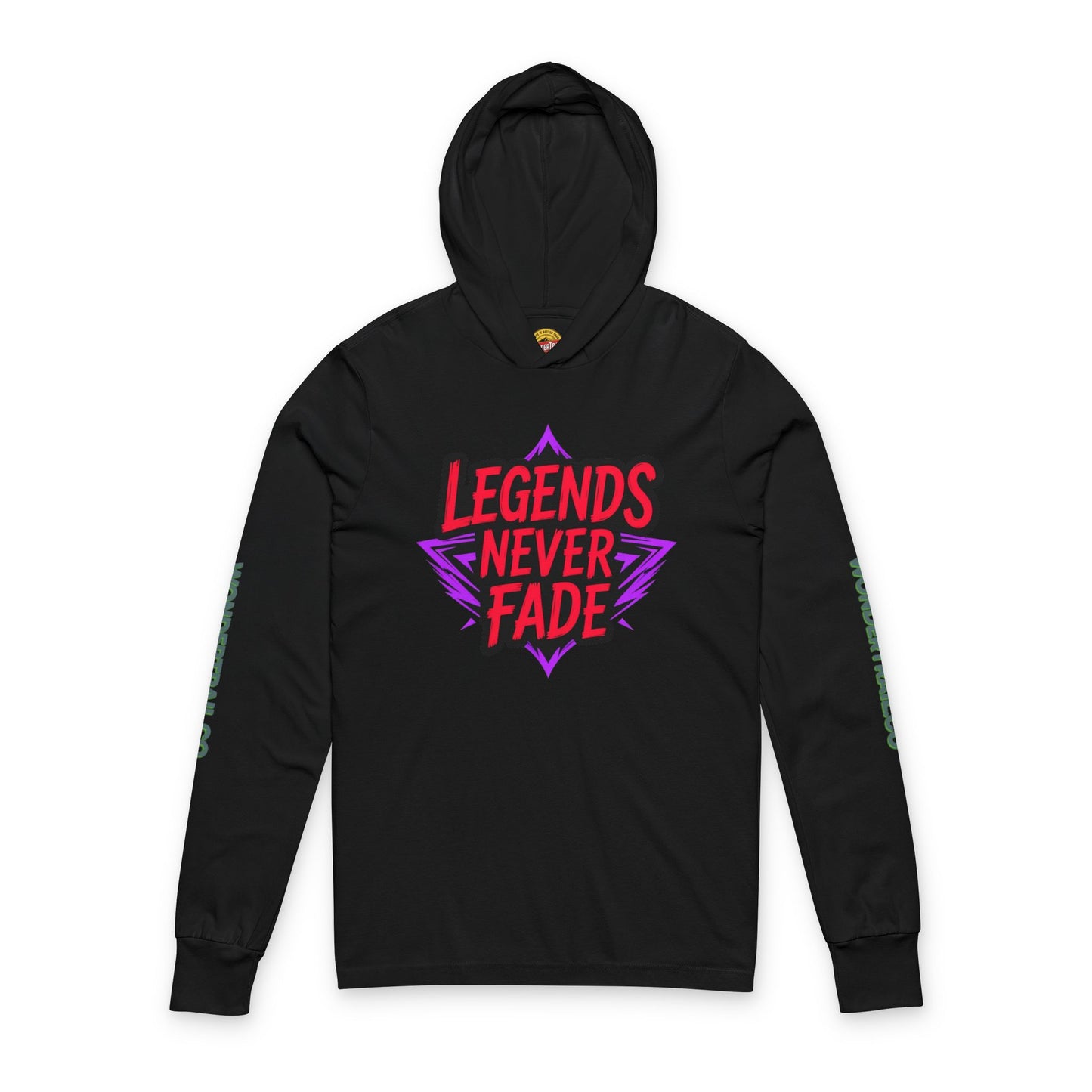 Black hoodie with 'Legends Never Fade' text on a white background