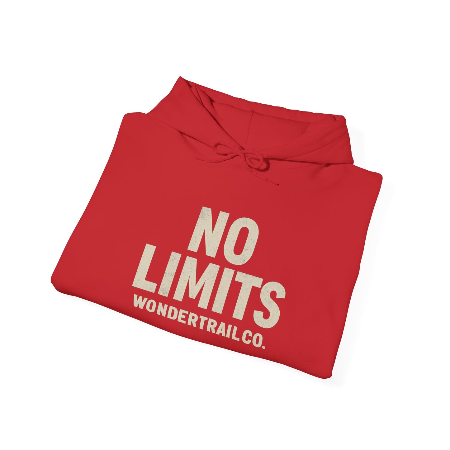 Folded red hoodie with 'No Limits' and 'Wondertrail Co.' text on a white background