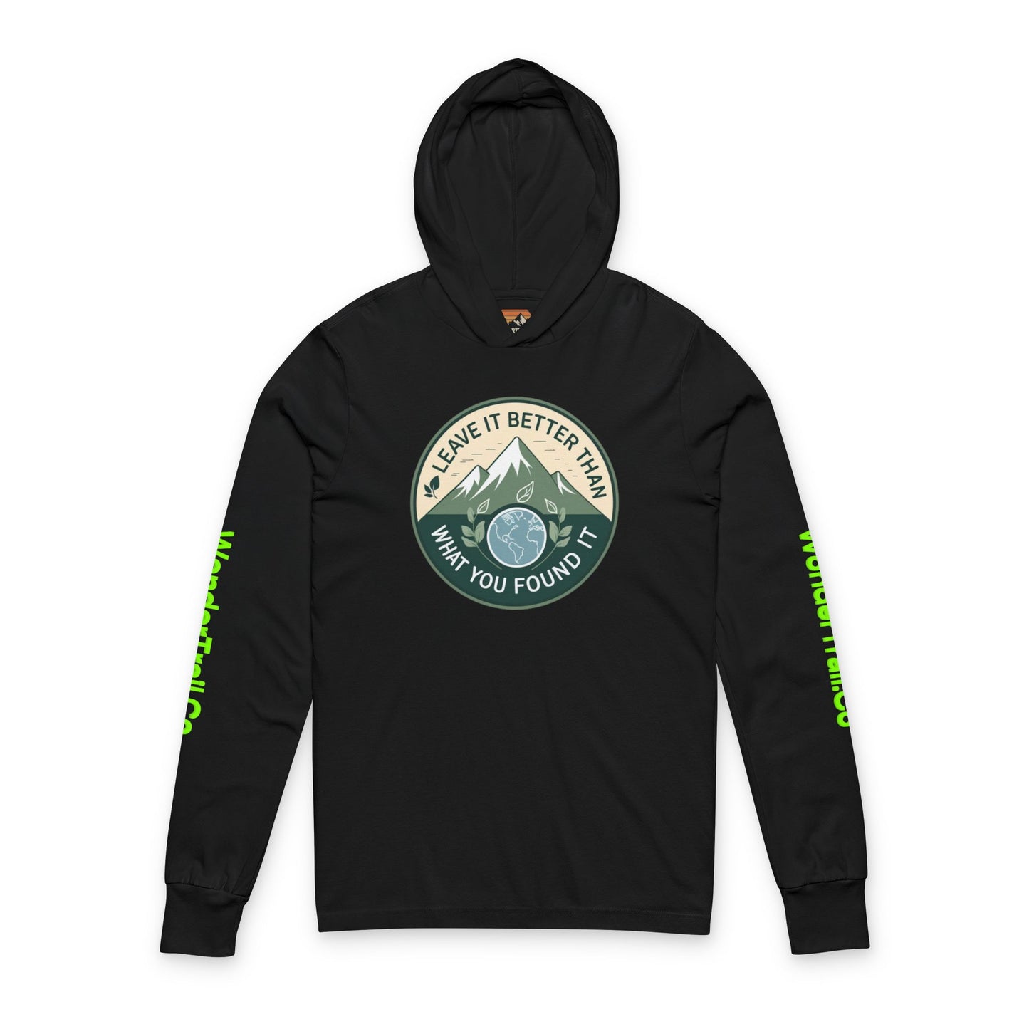Black hoodie with a mountain graphic and text on a white background