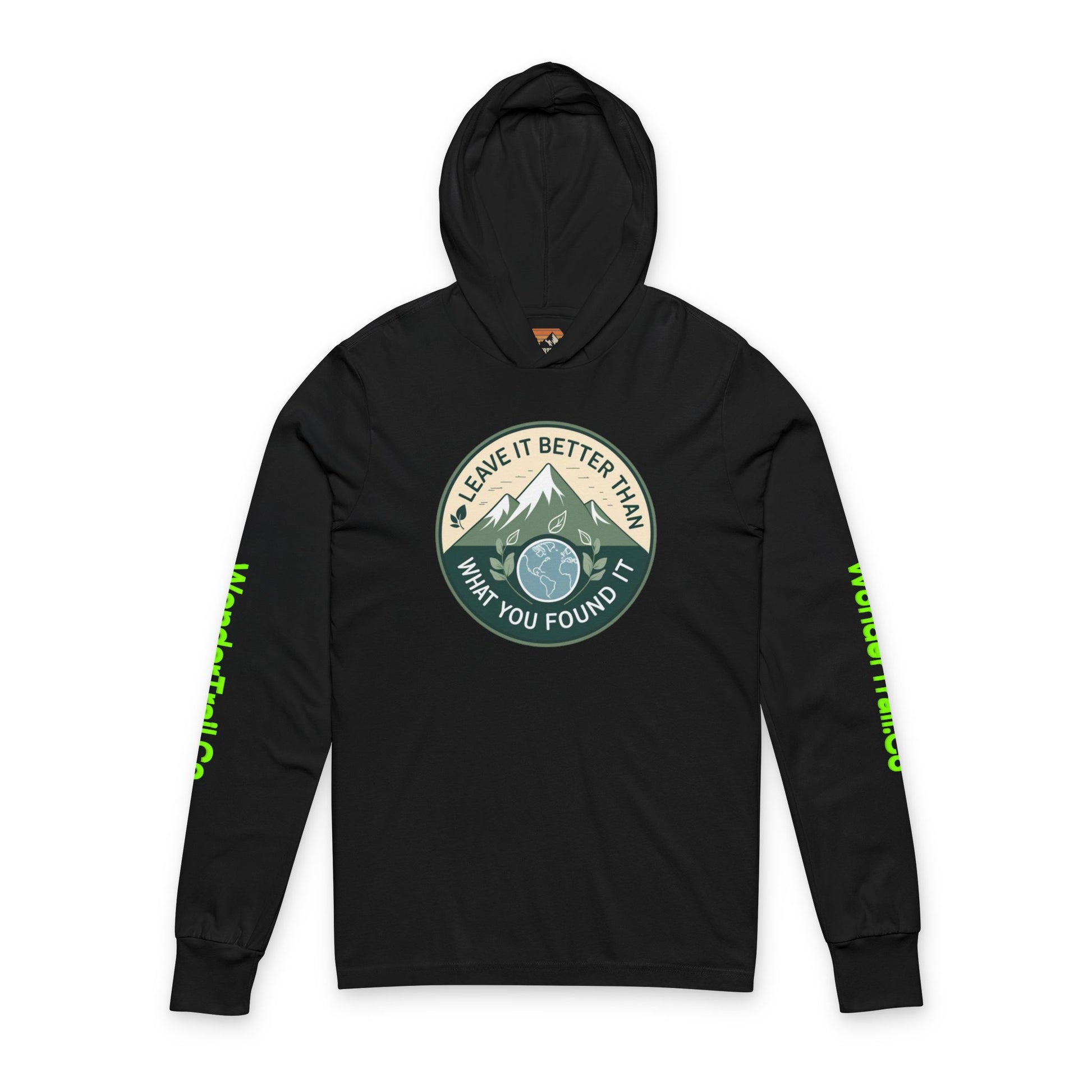 Black hoodie with a mountain graphic and text on a white background