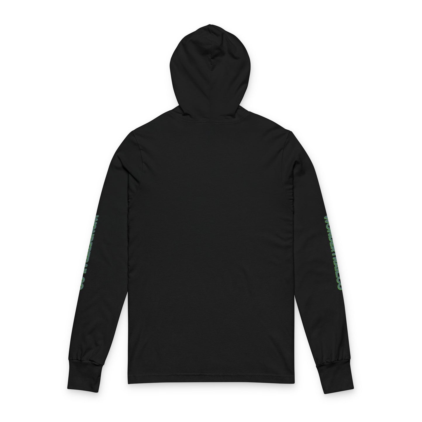 Black hoodie with green accents on sleeves against a white background