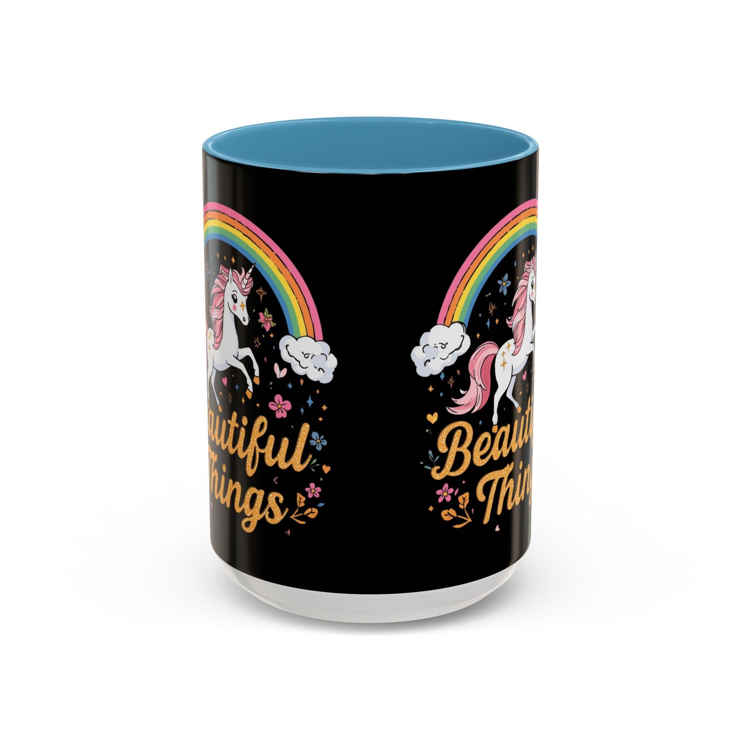 Mug with unicorn and rainbow design on a black background