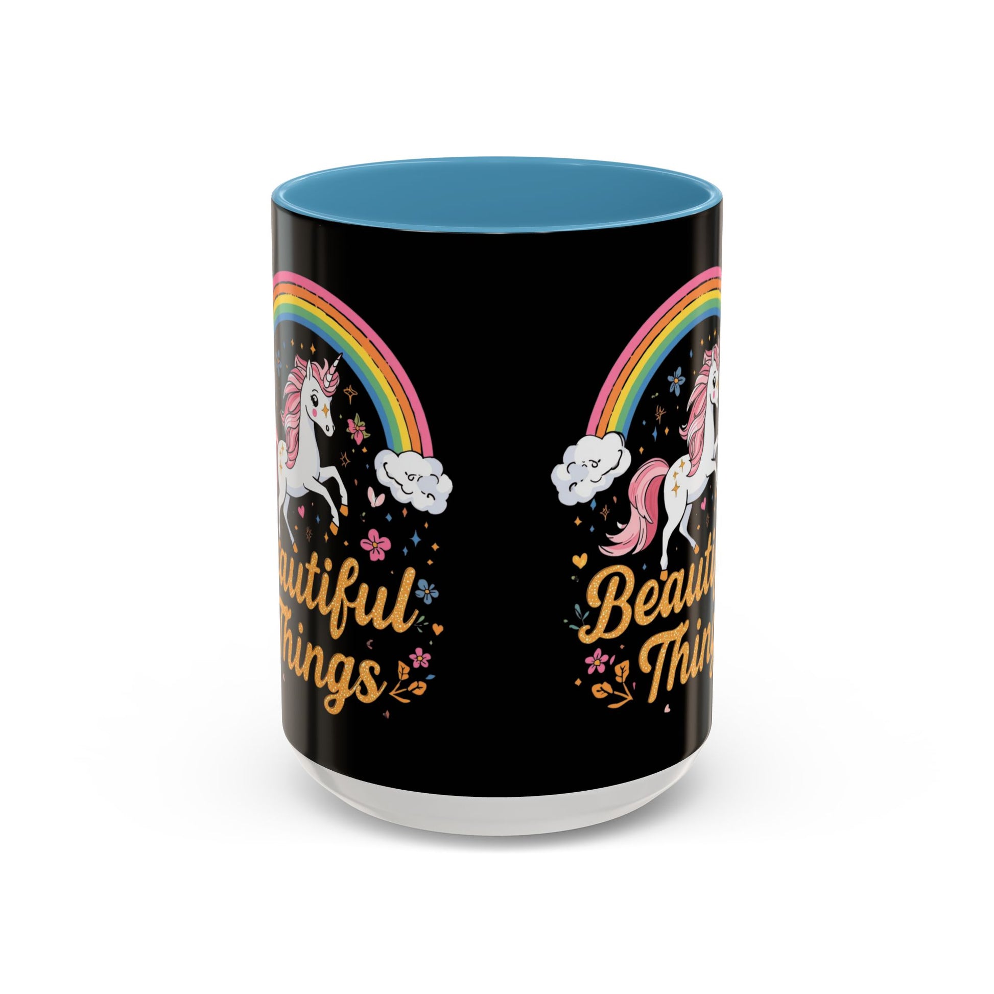 Mug with unicorn and rainbow design on a black background