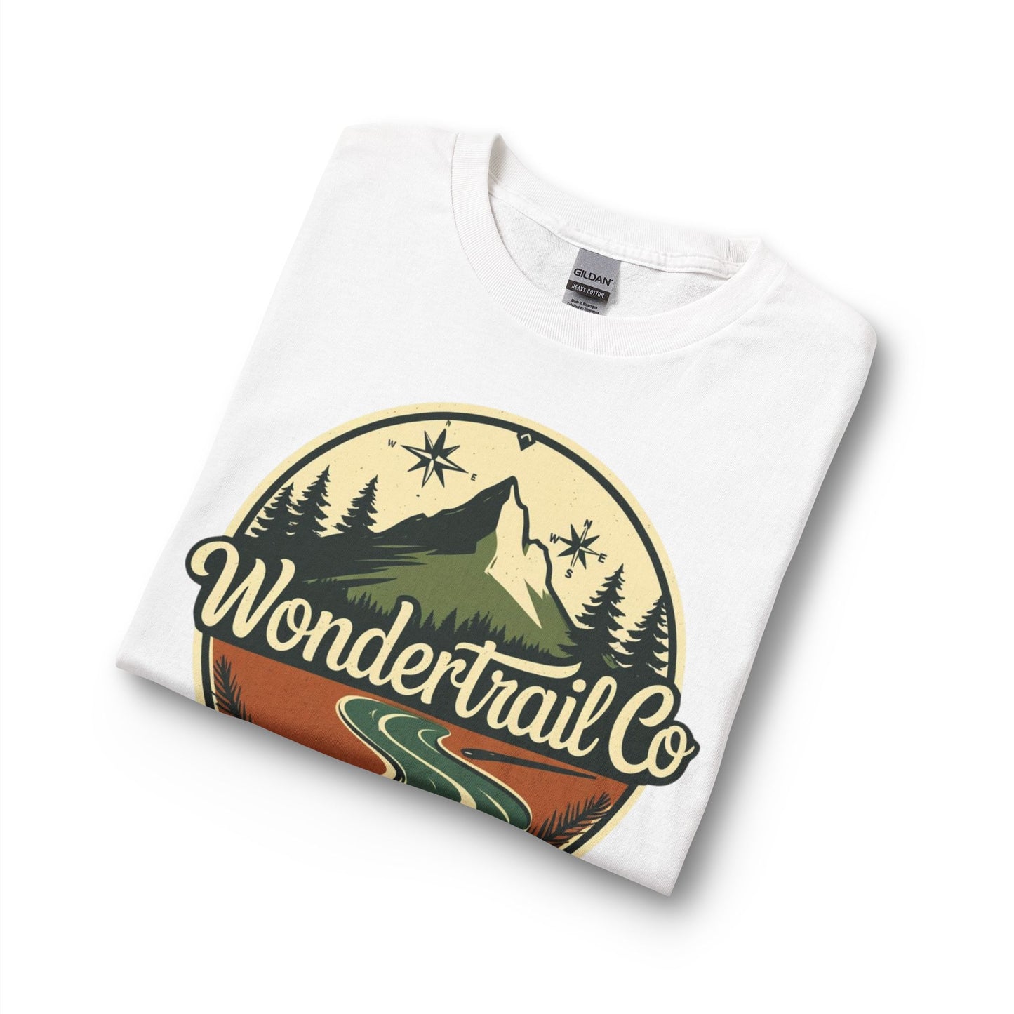 Folded white t-shirt with 'WonderTrail Co' logo featuring a mountain and trees on a white background