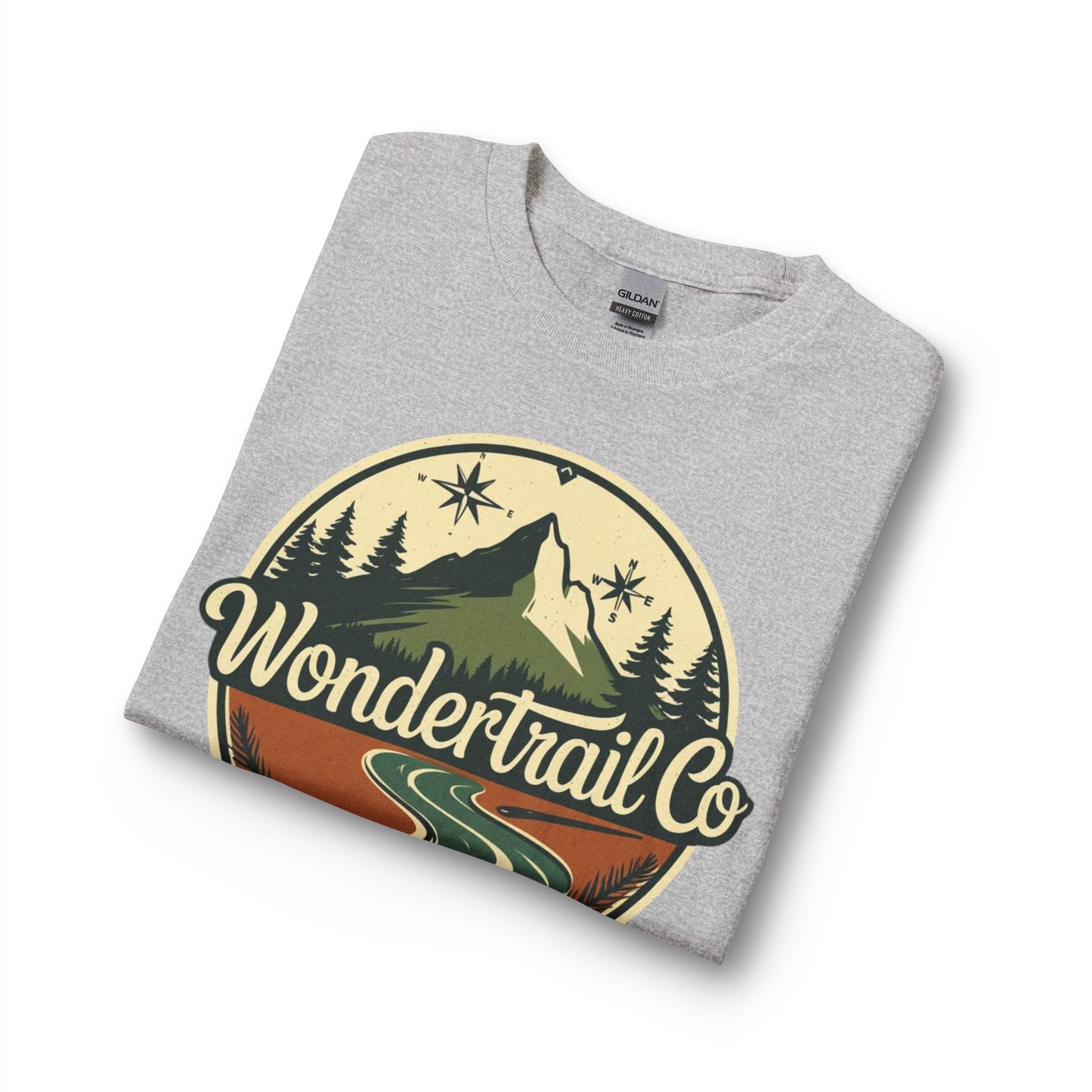 Folded gray t-shirt with 'WonderTrail Co' logo on a white background