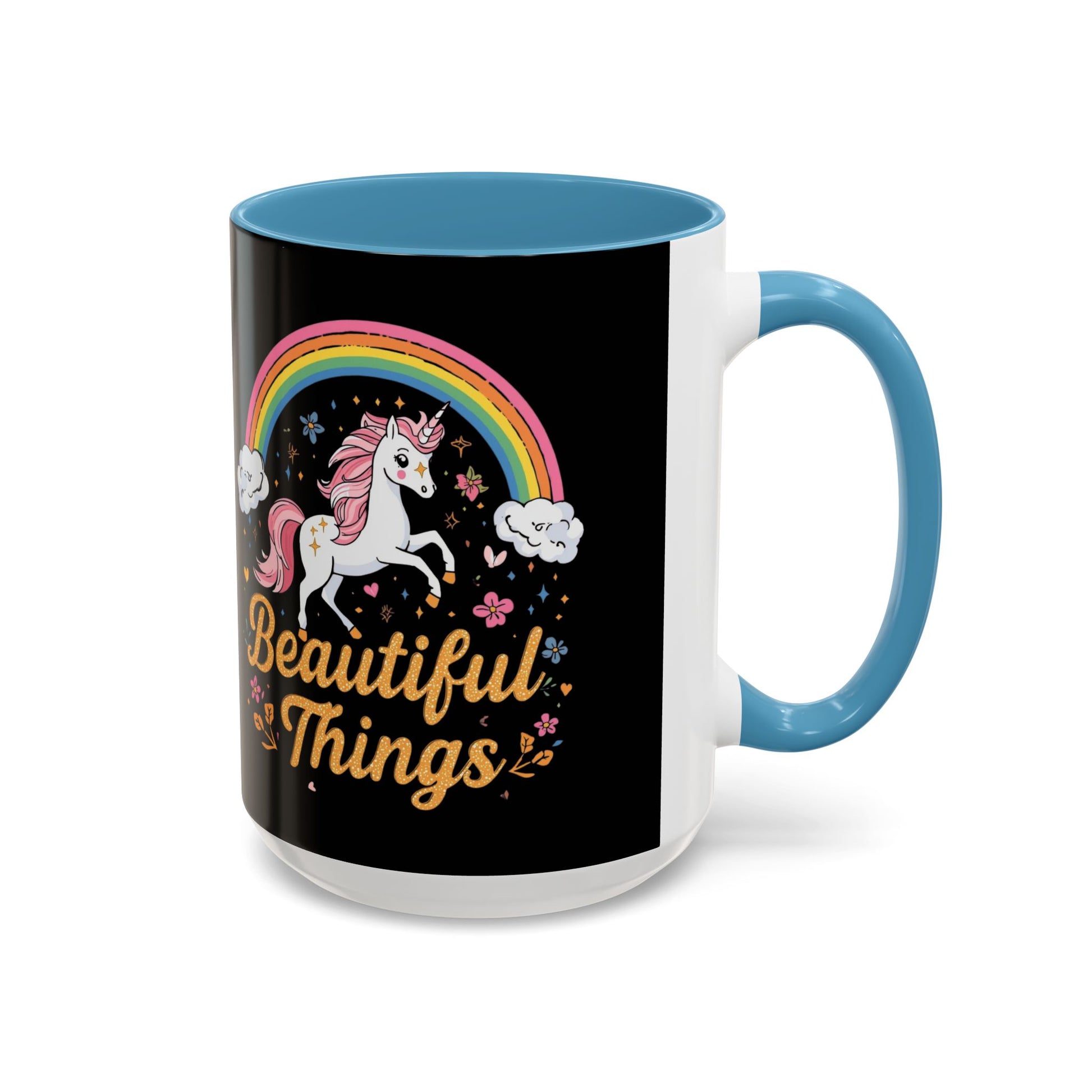 Mug with unicorn and rainbow design on a black background