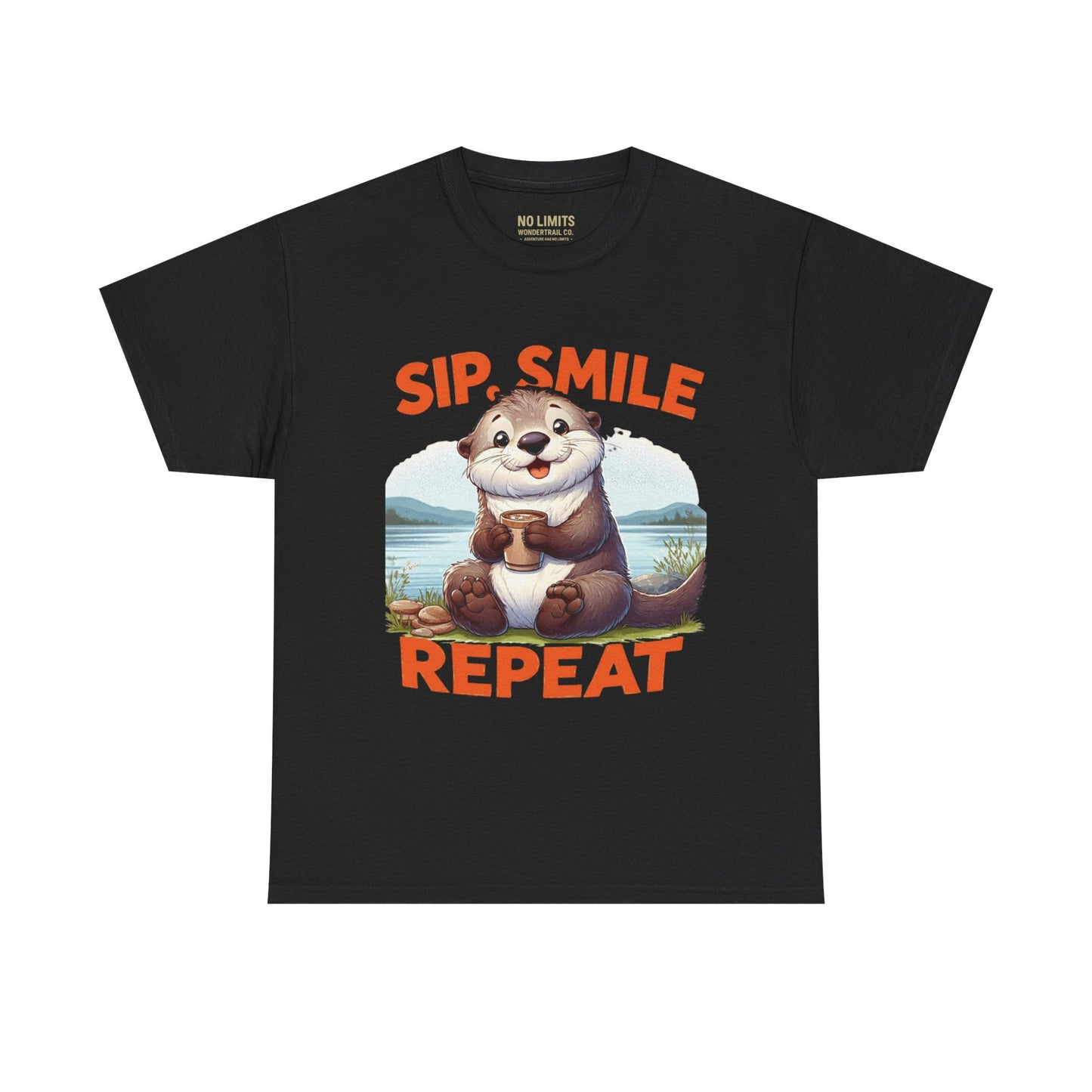 Black t-shirt with an otter graphic and 'Sip Smile Repeat' text on a white background