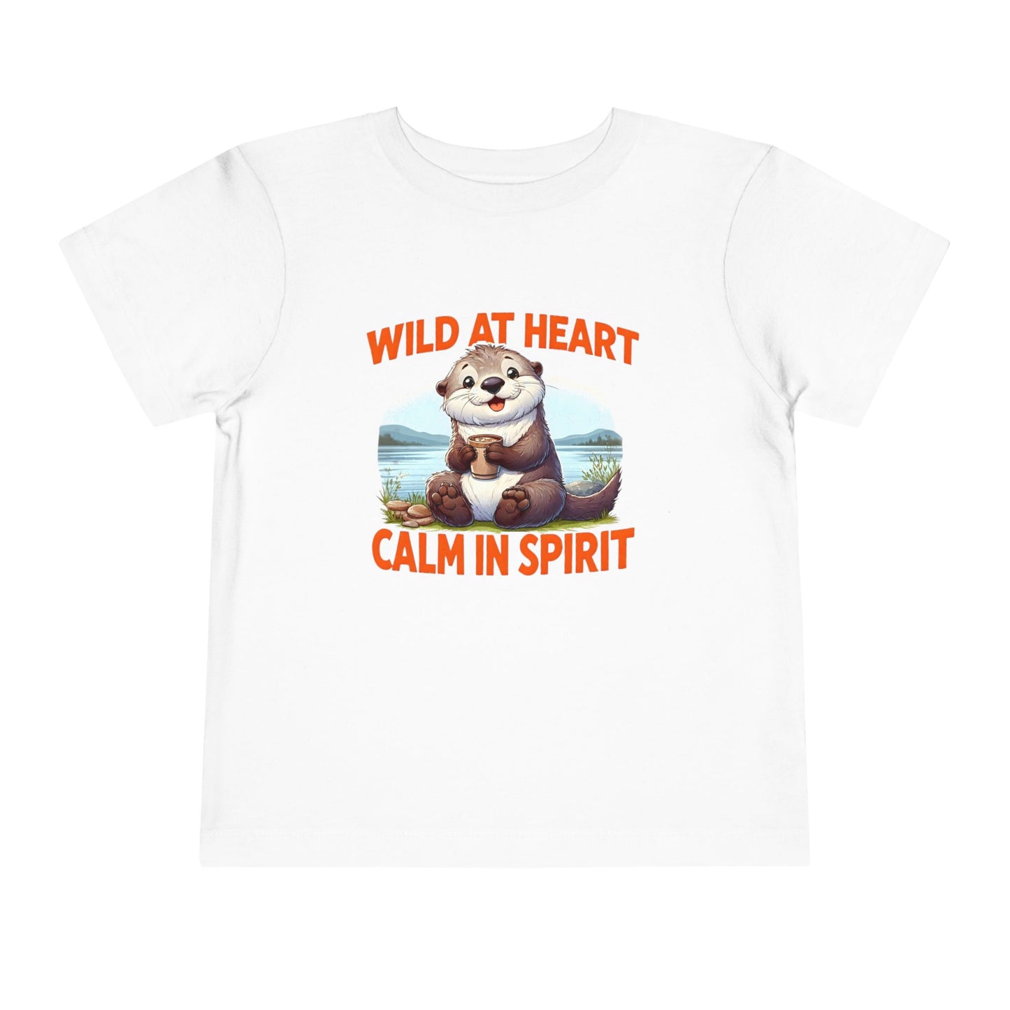 White t-shirt with an otter graphic and text 'Wild at Heart, Calm in Spirit' on a white background