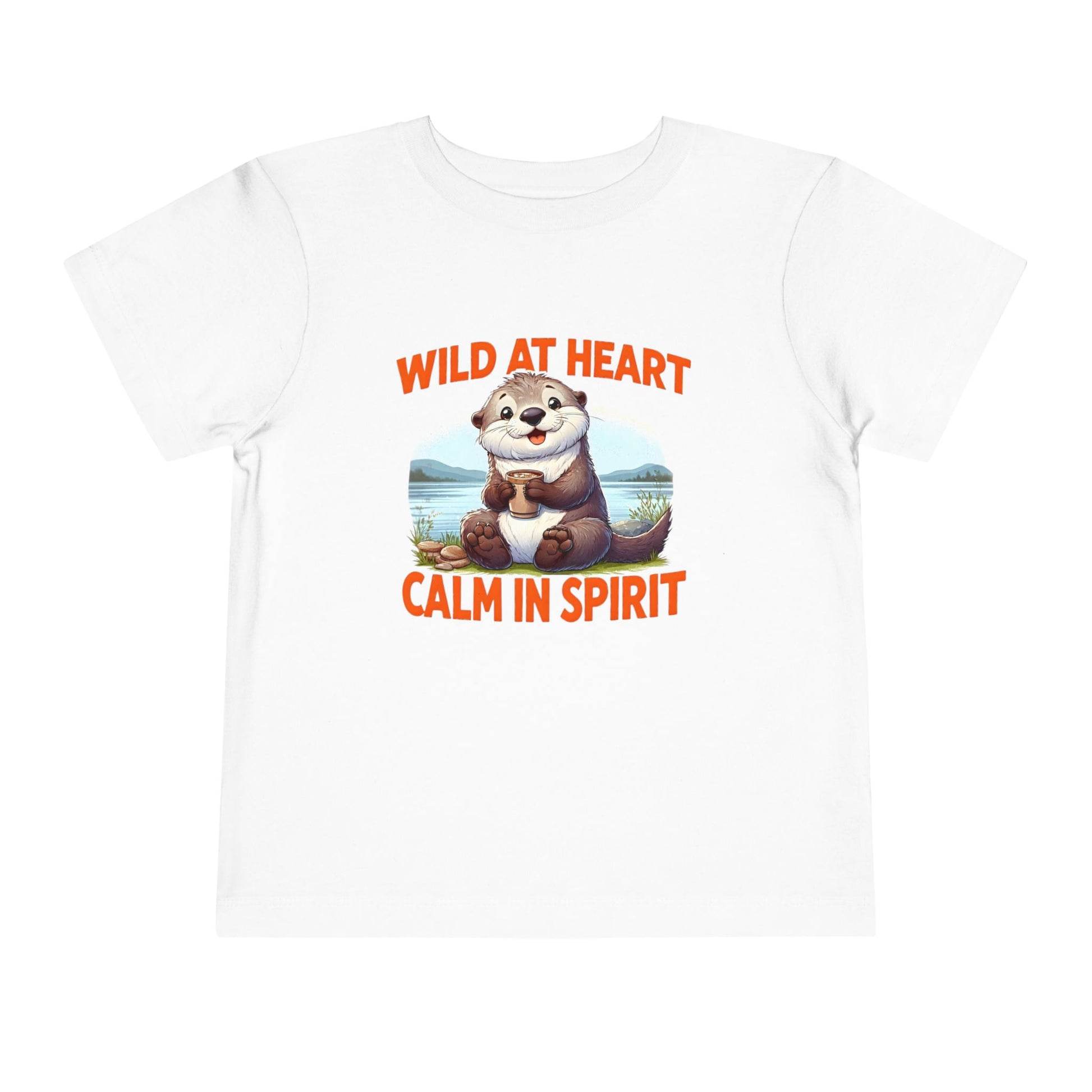 White t-shirt with an otter graphic and text 'Wild at Heart, Calm in Spirit' on a white background