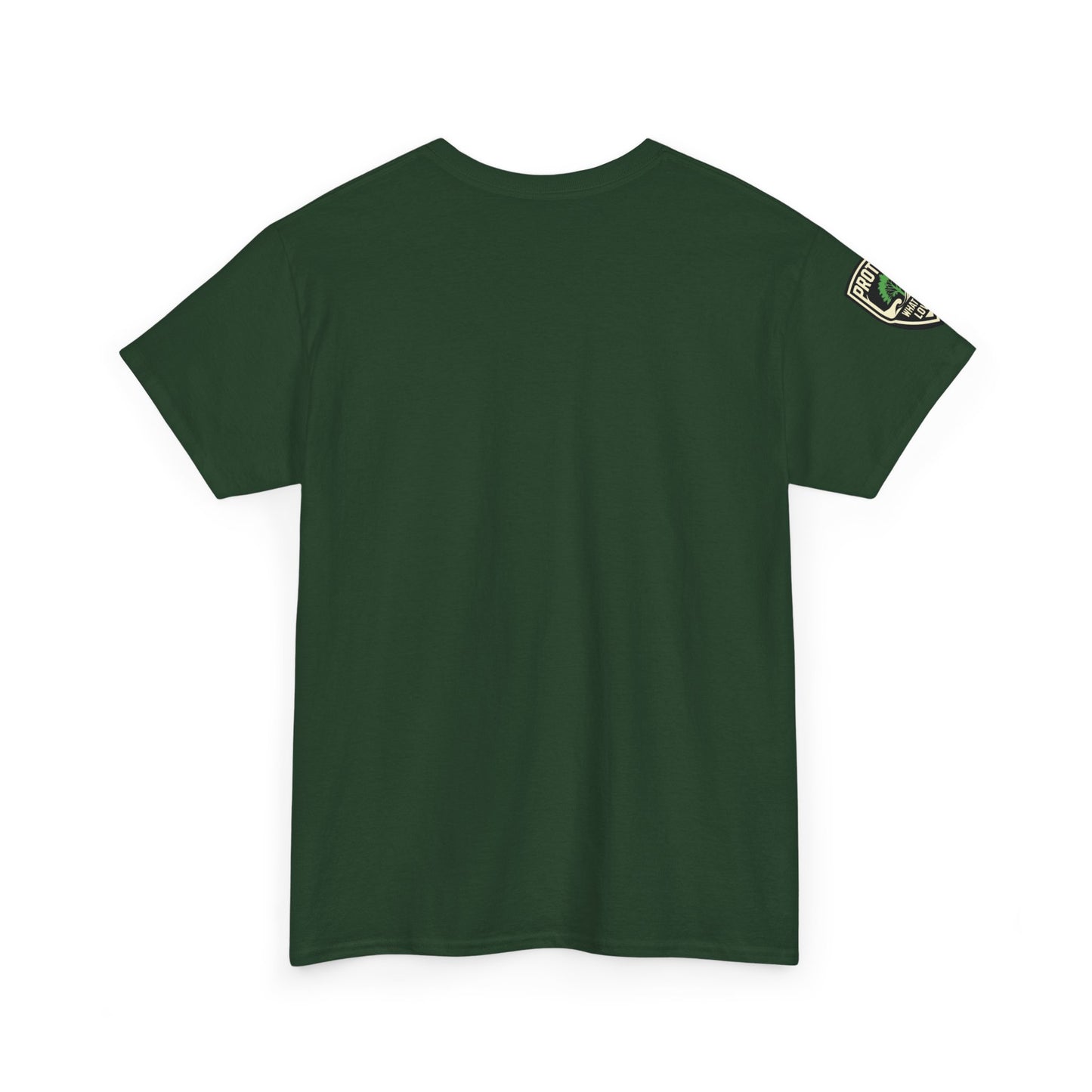 Green t-shirt with a small logo on the sleeve against a white background