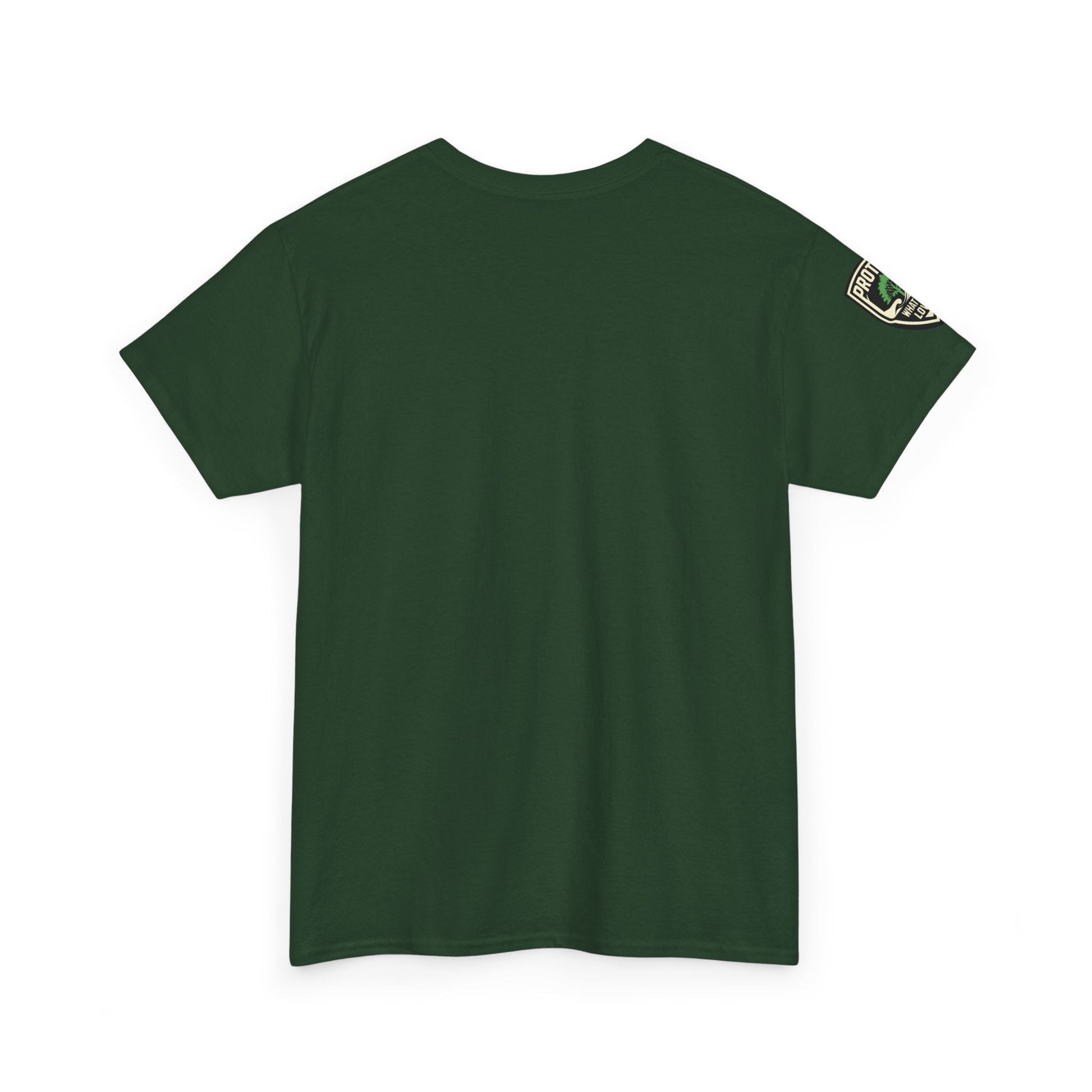 Green t-shirt with a small logo on the sleeve against a white background