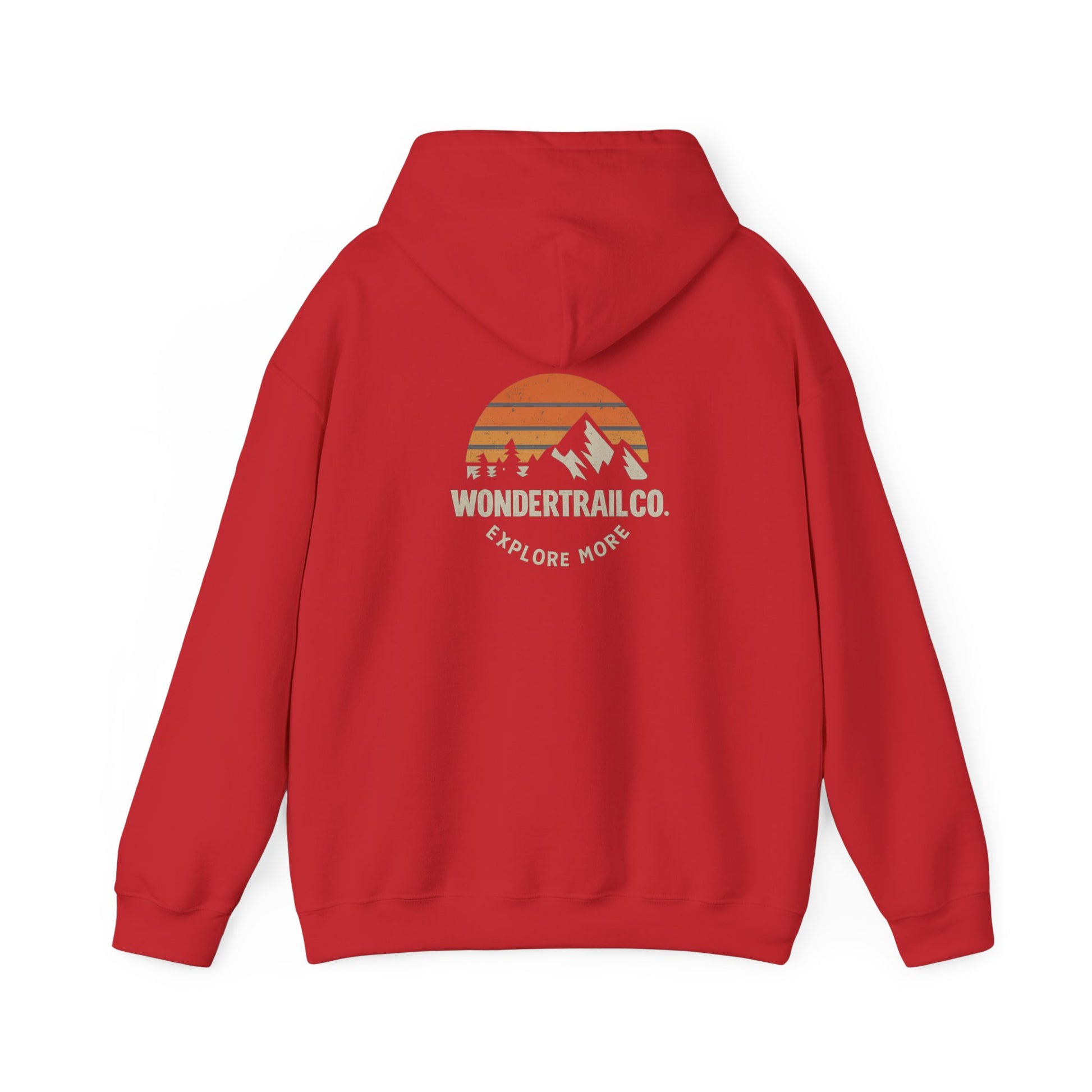 Red hoodie with a mountain graphic and 'Wondertrail.co' text on the back against a white background