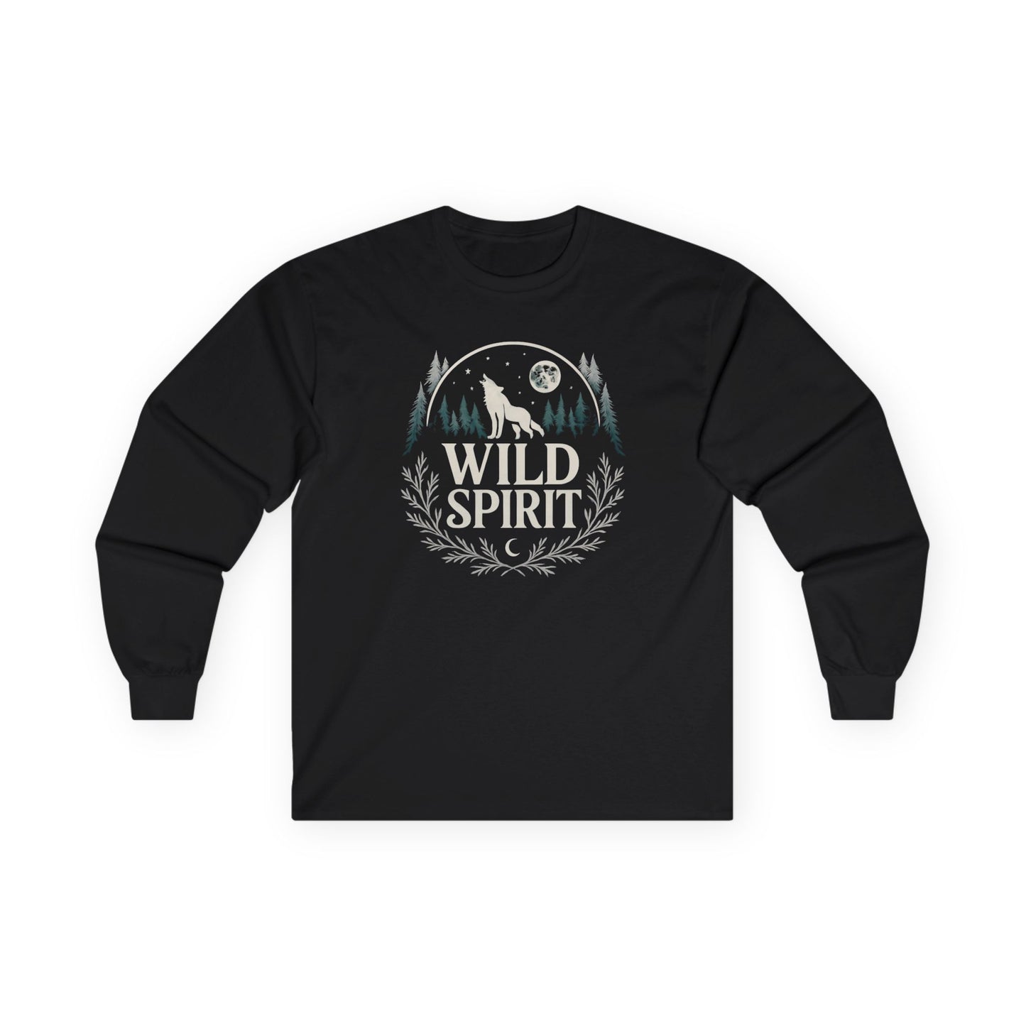 Black long-sleeve shirt with 'Wild Spirit' design featuring a wolf and moon on a white background