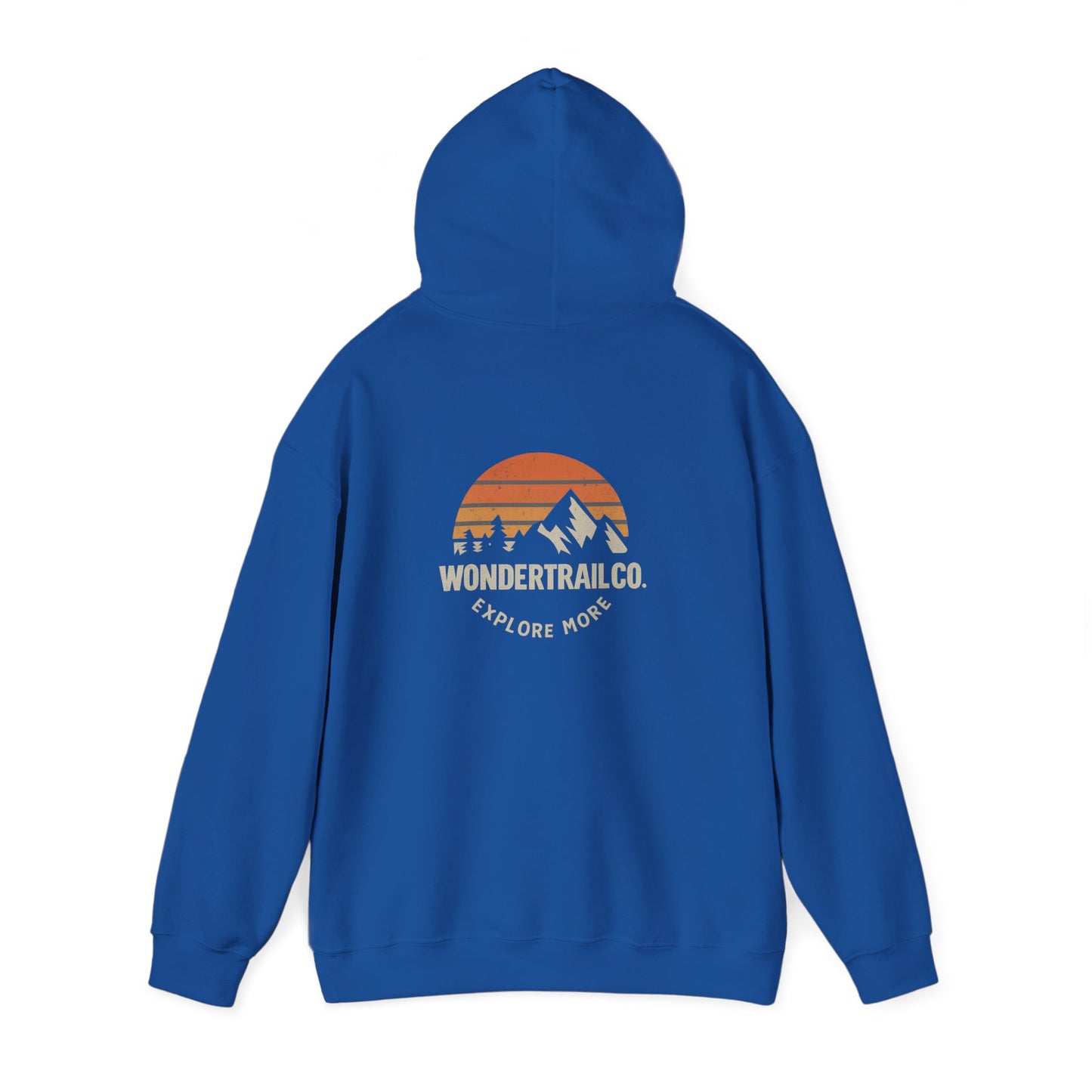 Blue hoodie with a sunset graphic and 'Wondertrail.co' text on the back against a white background