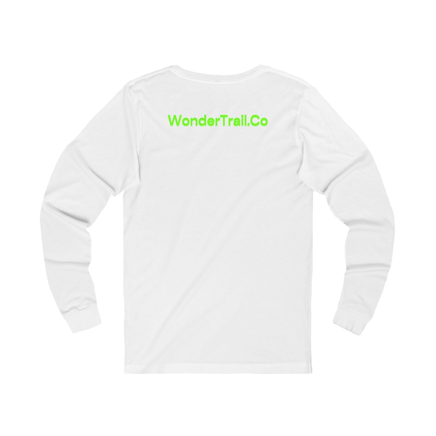 White long-sleeve shirt with 'WonderTrail.Co' text on a white background