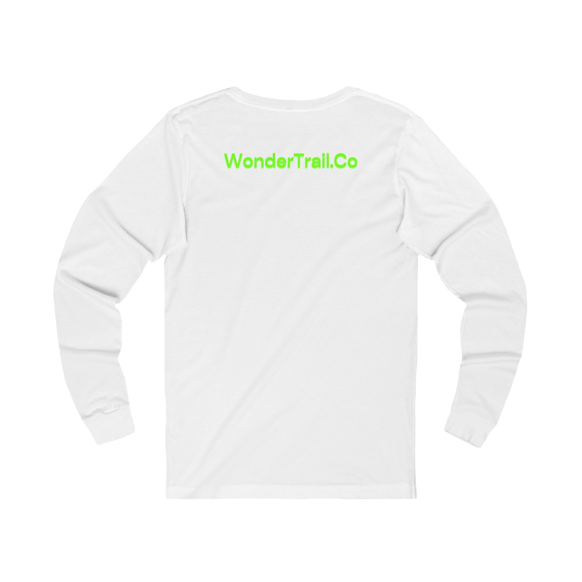 White long-sleeve shirt with 'WonderTrail.Co' text on a white background